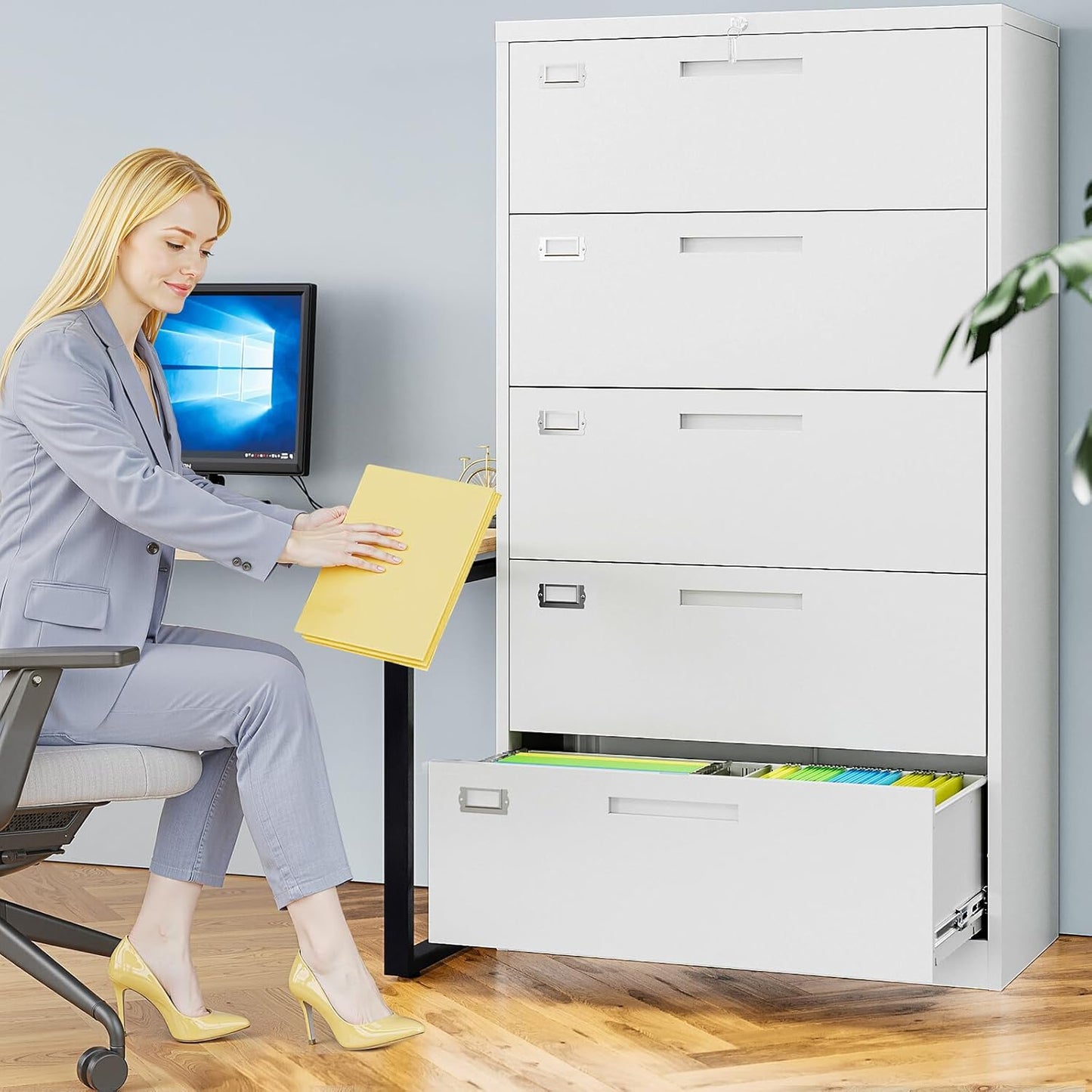 5 Drawer File Cabinets for Home Office, Metal Filing Cabinet with Lock, White Locking File Caninet Five Drawer, Office Storage Caninets Steel Cabnet for Letter/Legal/A4/F4-Assembly Required