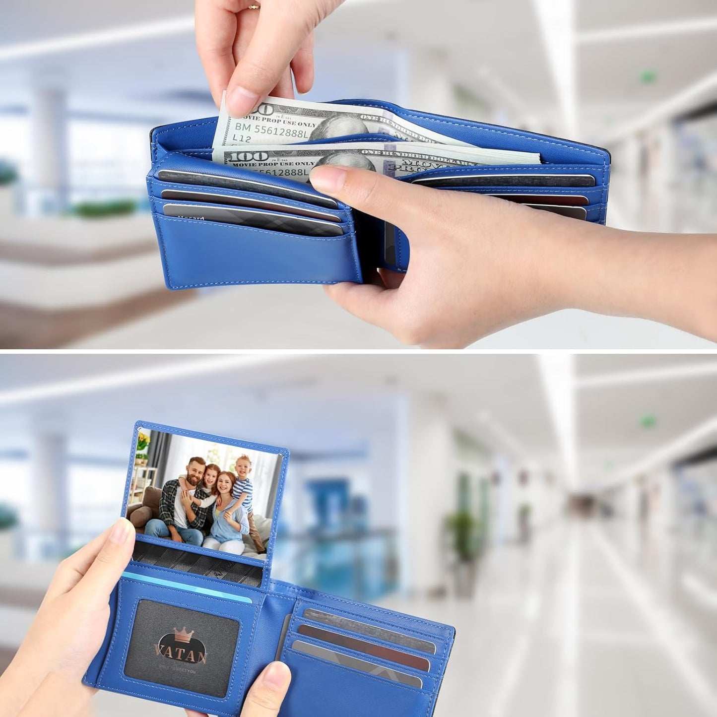 VATAN Wallet for Men, Mens Minimalist Wallet Credit Card Holder, Slim Leather Rfid 2 ID Window Large Capacity With Gift Box (Carbon Black and Blue)