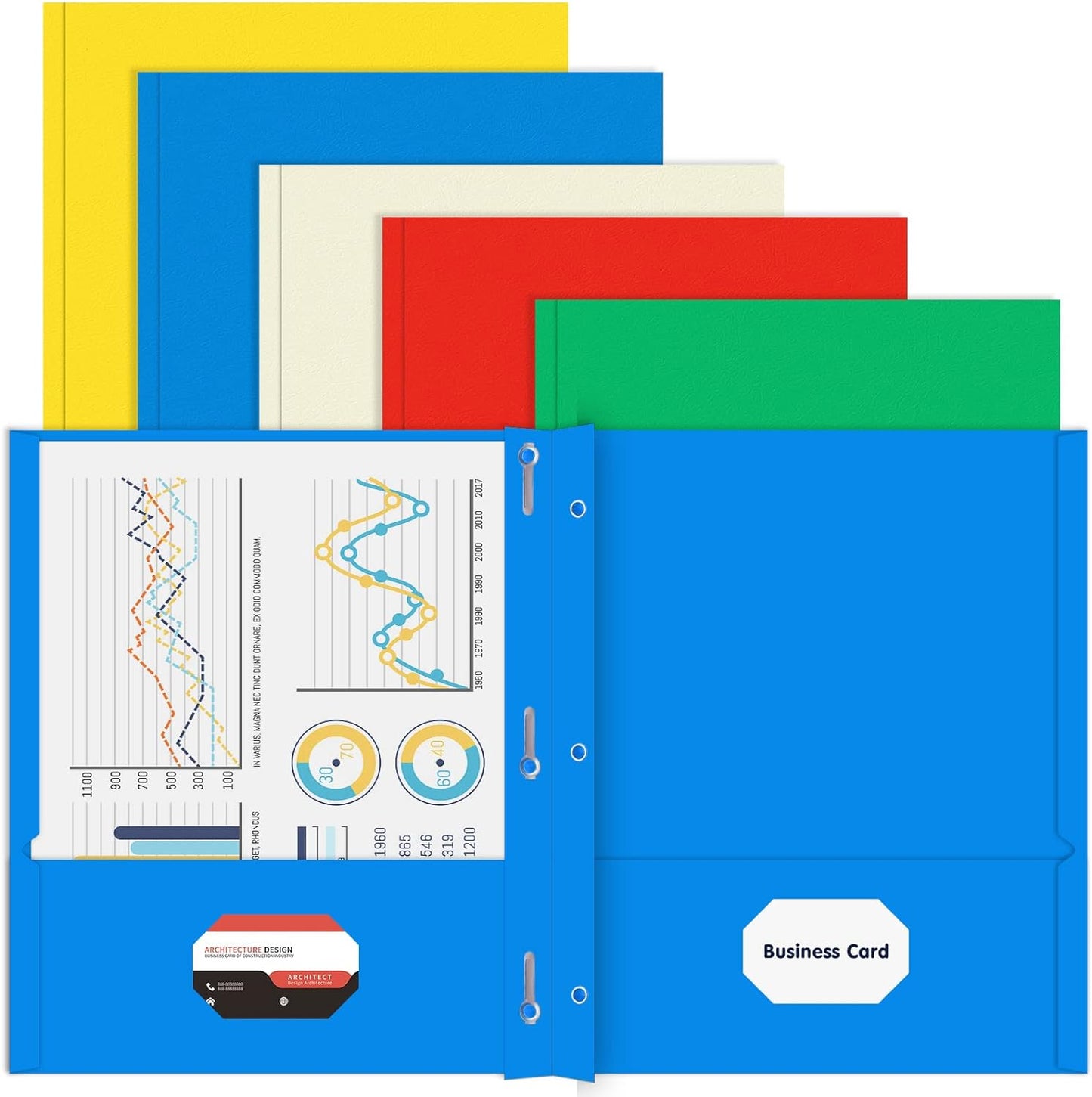 Two Pocket Folder, HERKKA 100 Pack 2 Pocket Folders with Prongs, Business Card Slots Letter Size Paper Folders Designed for Office and Classroom Use, Assorted 5 Colors