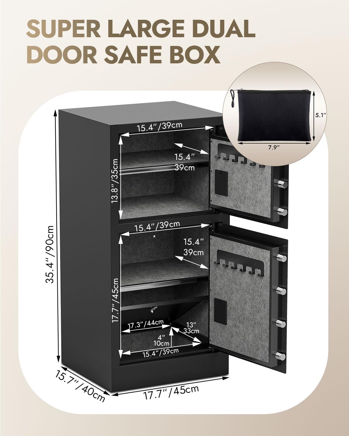 8.6 Cuft Heavy Duty Dual Door Safe Box with Hidden Lock Box Fireproof Waterproof Bag,Removable Shelves,Silent,Fireproof safe for Home, Office, Hotel (8.6 Cuft Double Door Safe)
