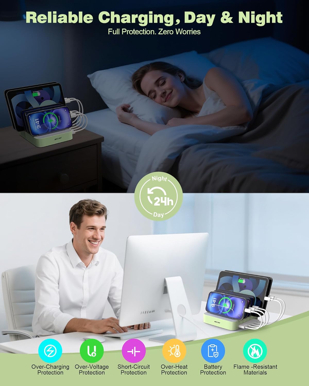 MSTJRY Charging Station for Multiple Devices : 5 Port Multi USB-A Charger Stations Multi-Device Organizer Charging Dock Designed for iPhone iPad Cell Phone Tablets (7 Short Cables Included), Cyan