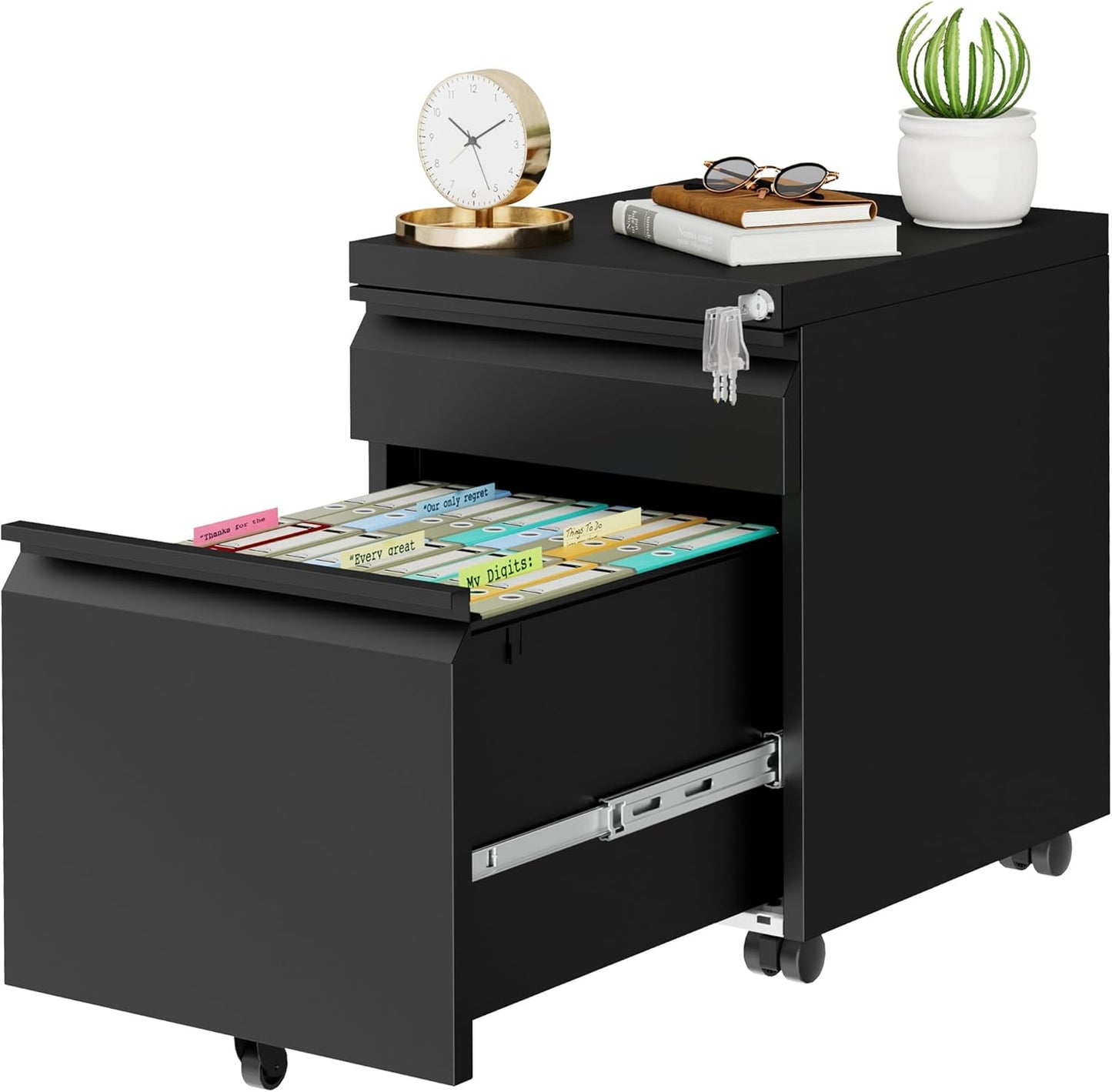 Metal Mobile File Cabinet with Lock and 4 Keys - Fully Assembled, Under Office Desk 2 Drawers Filing Cabinet for Home Office with Anti-tilt Wheels, A4/Legal/Letter Hanging File Drawers