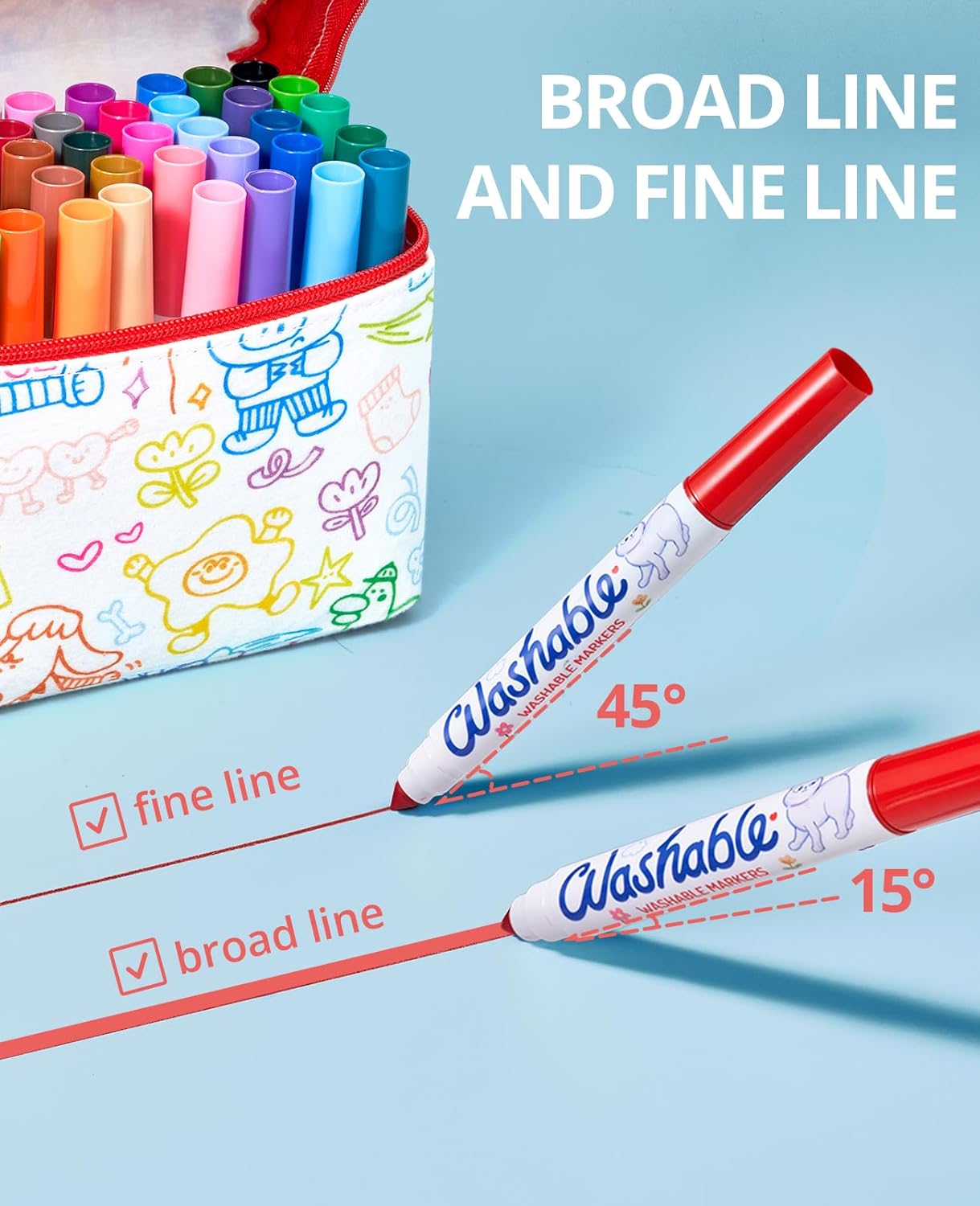 JoyCat 40 Count Washable Markers for Kids, 40 Colors Washable Markers Set with Carrying and DIY Coloring Fabric Storage Bag, Coloring Marker Bulk for Boys Girls Toddler, School Classroom Supplies