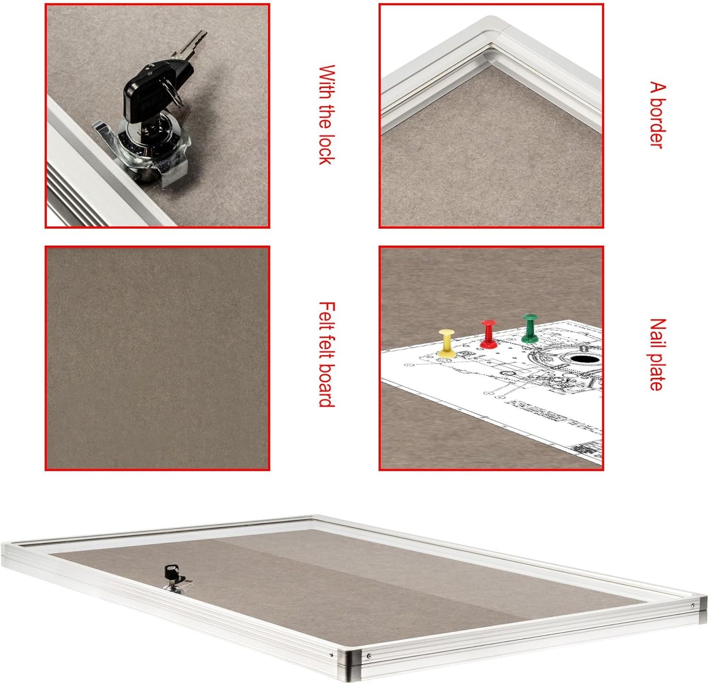 BIBOC Enclosed Felt Bulletin Board 36x24 inch Lockable Cork Noticeboard Display Cases Tamperproof Notice Poster Memo Board with Class Aluminum Frame (Felt, 24×36 inches)