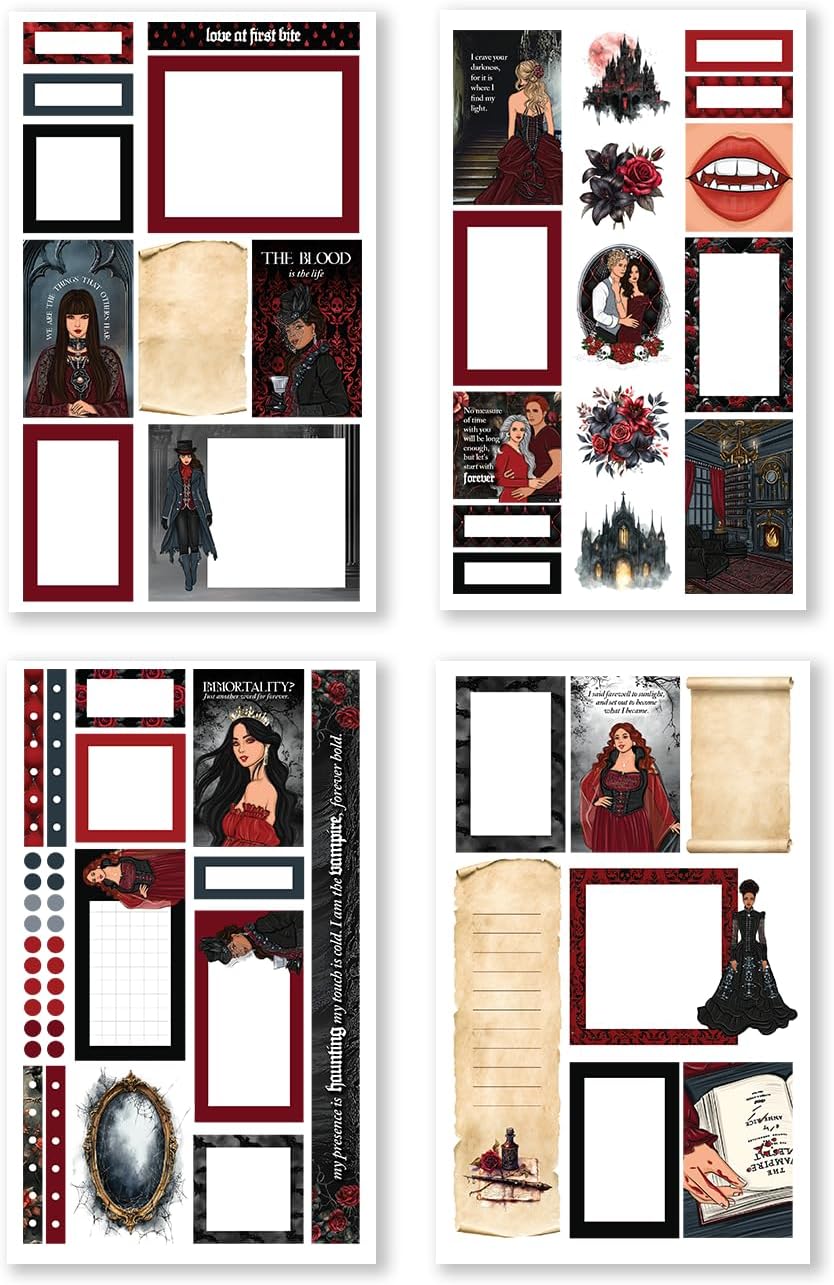 Rongrong Dark Hearts Halloween Planner Sticker Book – 24 Pages of Gothic, Vampire-Inspired Stickers – Perfect for Journals, Scrapbooks, Dark Academia & Spooky October Planner Spreads