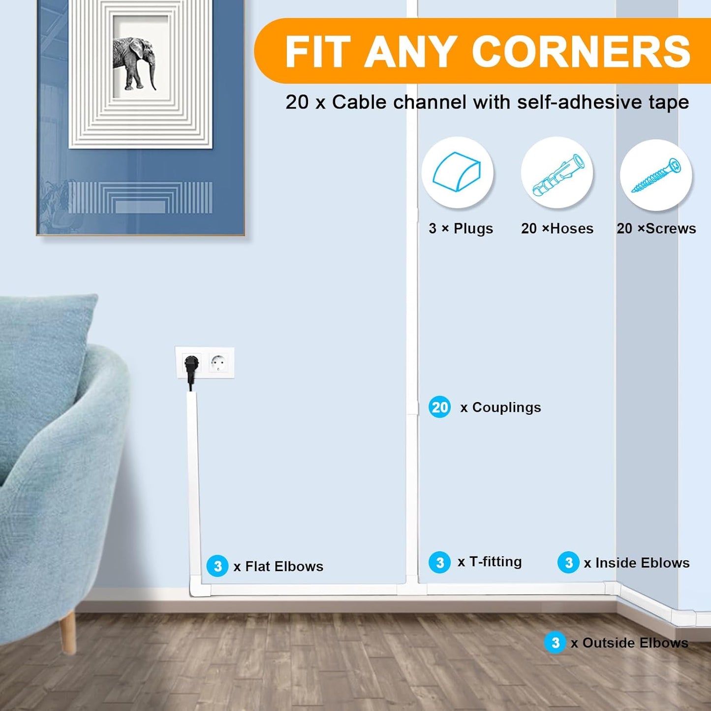 Cord Hider, RAZCC 315 Inch Cable Cover Raceway Kit for Cable Management, Wire Covers for Cords, Cord Covers for Wires on Wall, Simple and Easy Installation, 20 Pack Wire Hider, White