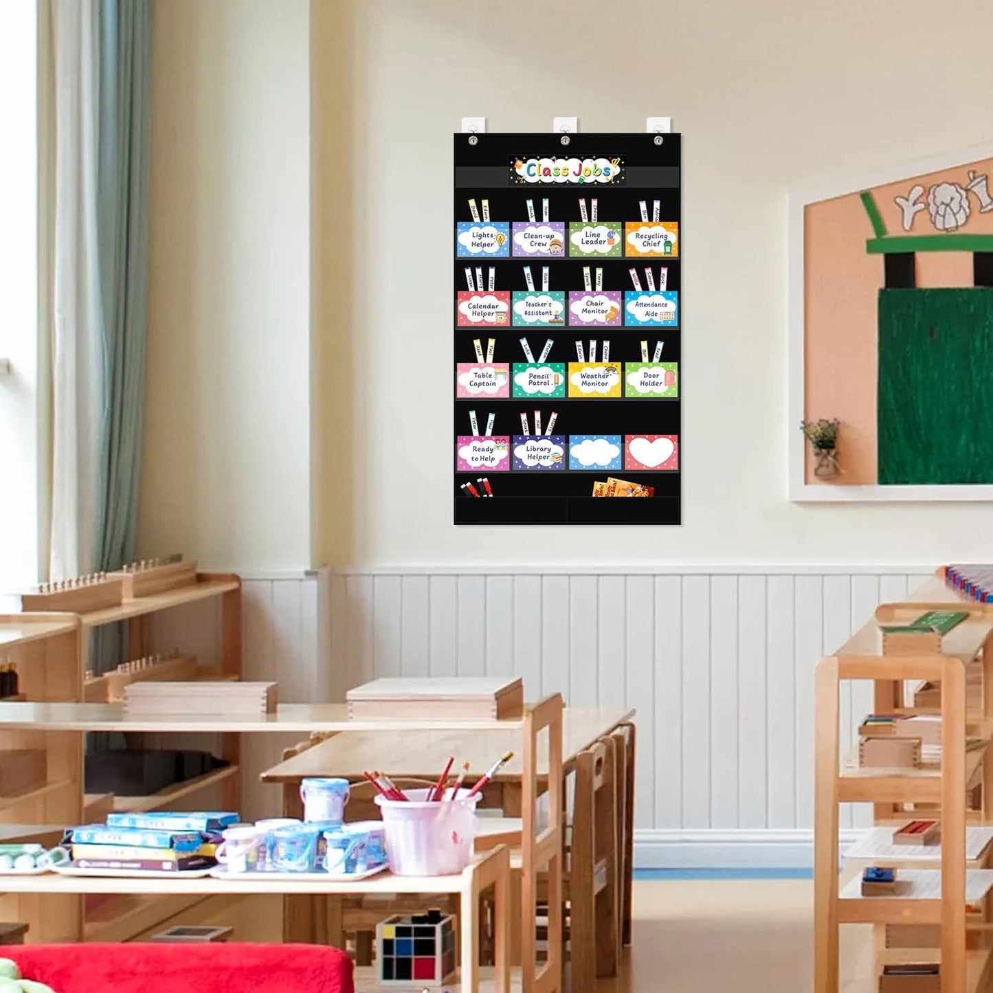 REGELETO Class Jobs Pocket Chart with 17 Pockets and 2 Storage Bags,Class Management Educational Pocket Chart Teacher's Helper Size: 32.6" L x 19.6 H" inch Bulletin Board for Classroom (Black)