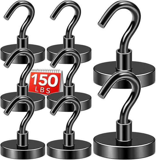 DIYMAG Black Magnetic Hooks, 150 LB Heavy Duty Strong Magnets with Hook, Rare Earth Neodymium Magnet for Cabins Cruise Ship Essentials 8 Packs