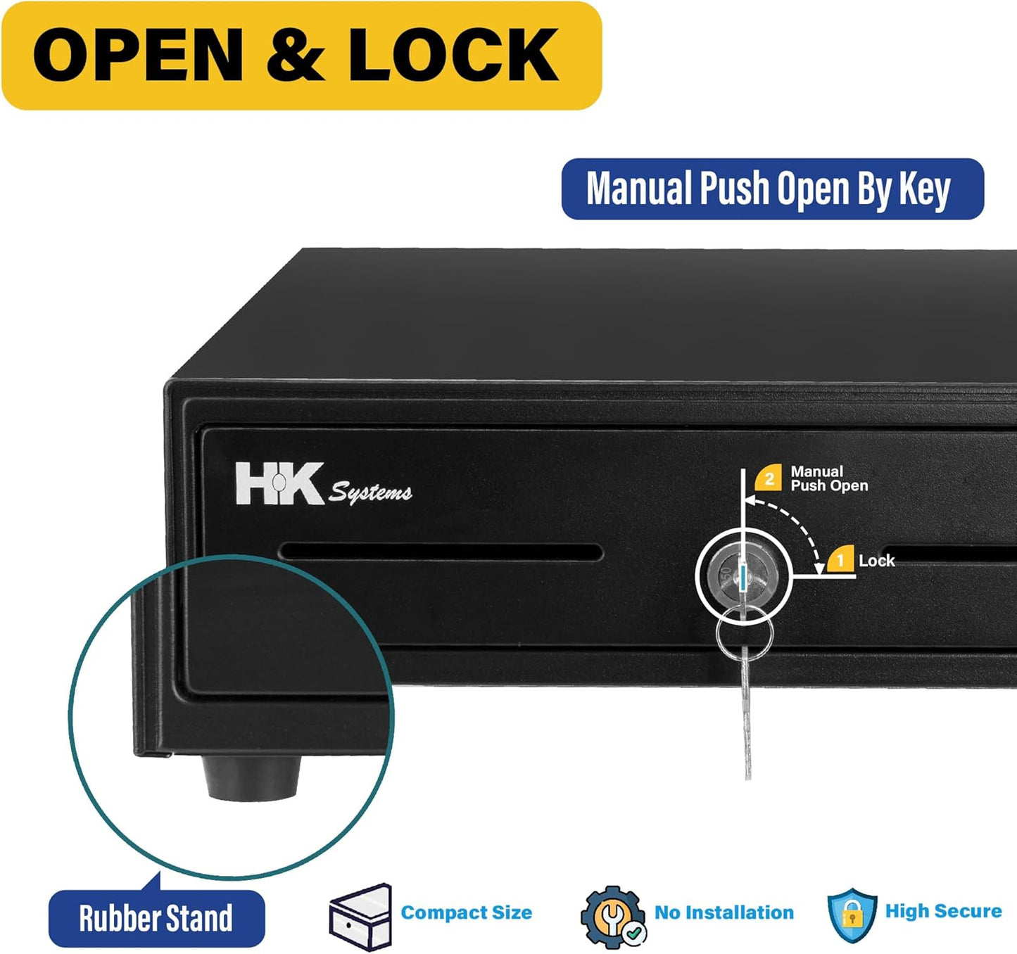 HK SYSTEMS 13inch Heavy Duty Manual Push-Open Cash Drawer with 4Bill/5Coin, Removable Till, Two Medial Slots, Black