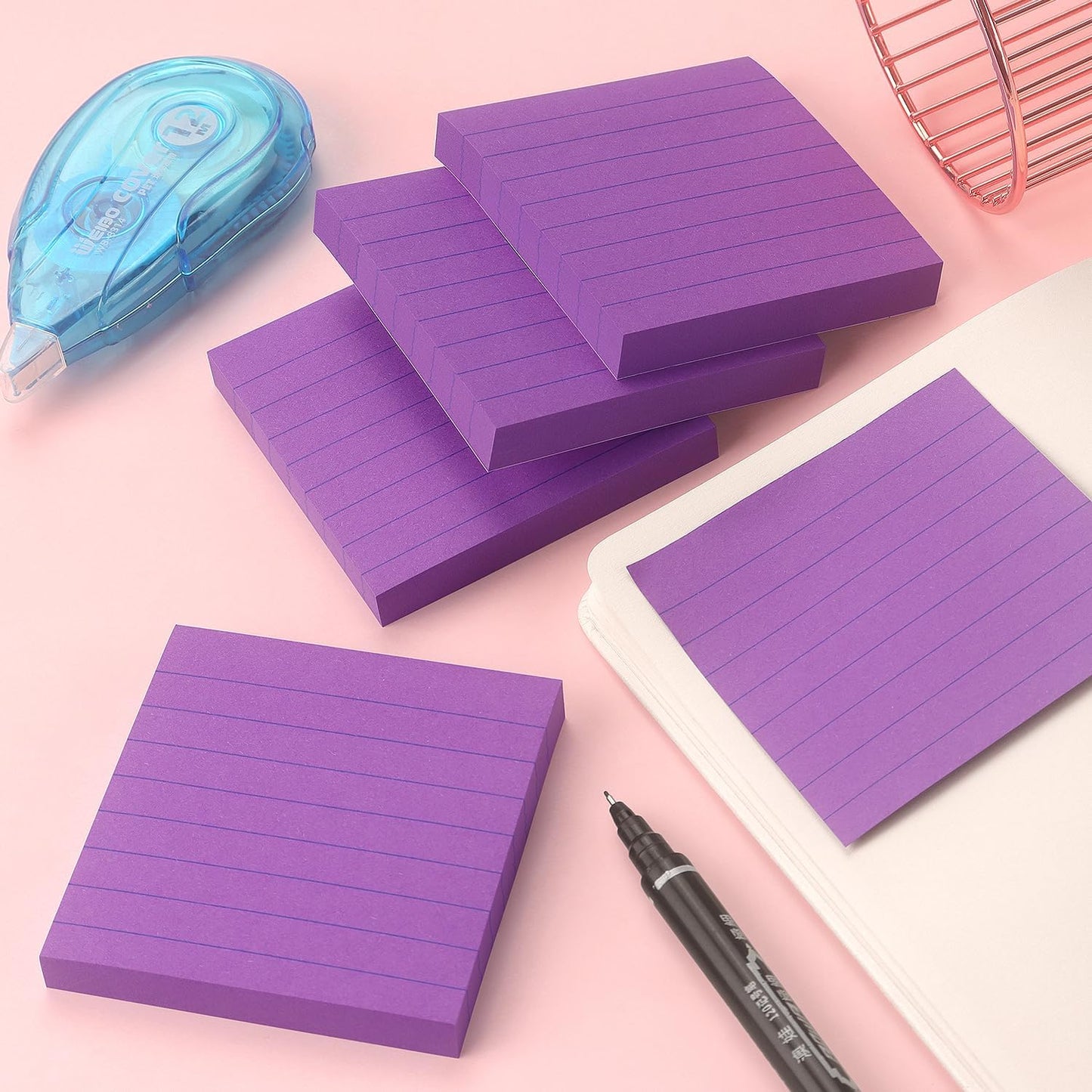 Lined Sticky Notes 3x3 Sticky Notes with Lines Self-Stick Notes Bright Color 4 Pads 90 Sheets/Pad (Purple)