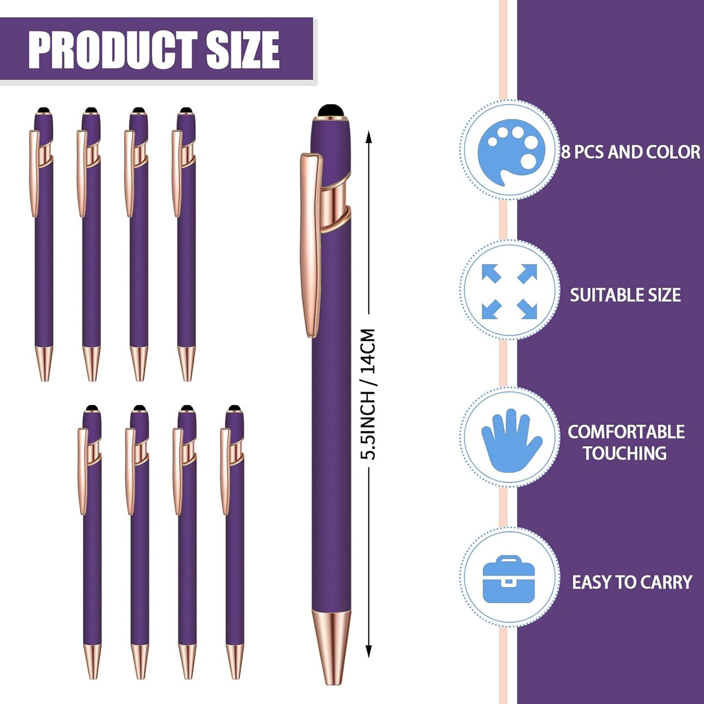 8 Pcs Blue Ink Ballpoint Pen with Stylus Tip 2 in 1 Stylus Ballpoint Pen Metal Pens Stylus Pen for Touch Screens School Office Coworkers (Purple Rose Gold)