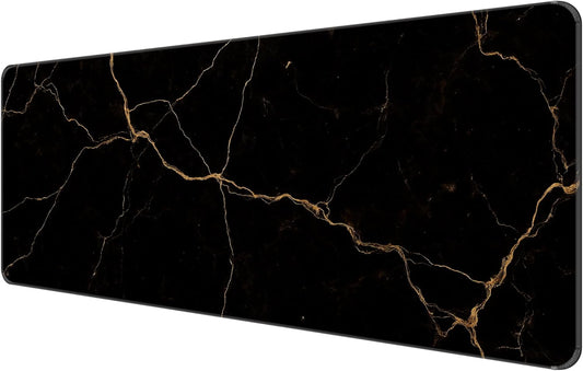 Dynippy Thin Extended Gaming Mouse Pad （31.5 * 11.8 * 0.08 inch） with Stitched Edges Large Mousepad Long XXL Keyboard and Mouse pad Desk Mat for Gaming Office & Home - Black Gold Marble