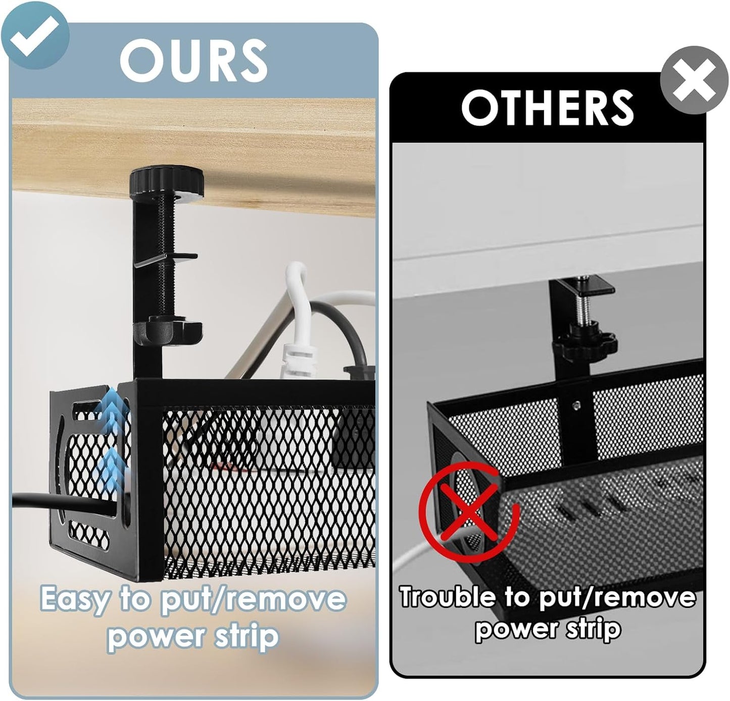 Cable Management, 2 Pack Cable Management Under Desk No Drill, Metal Cord Organizer with Clamp for Standing Desk, Cable Organizer for Home Office, Black