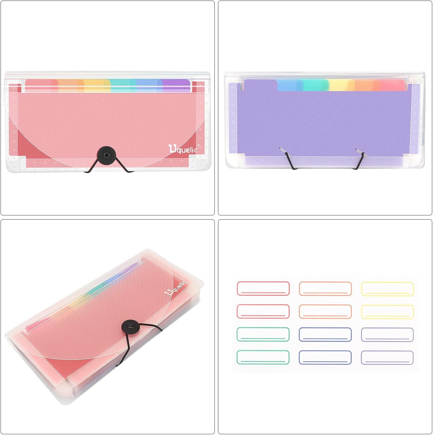 Uquelic 2 Pack File Organizer Stand -13 Pockets Expanding Coupons File Folder Organizer Storage, Rainbow Large Capacity Coupon Organizer with Label, Business Check Binder (Double Clear)
