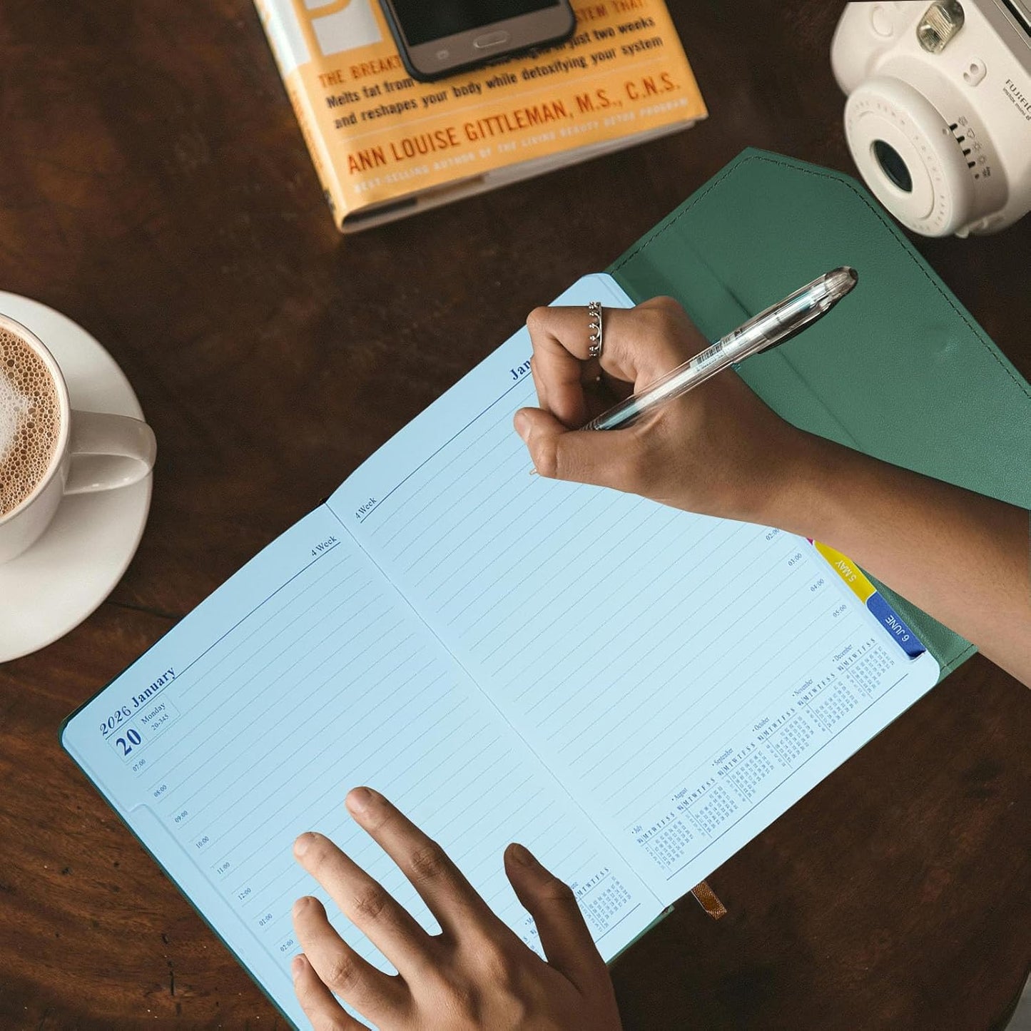 2026 Daily Monthly Planner - Calendar, January - December 2026, 100GSM Thick Paper, Leather Cover, Planner with Hourly Schedule,6.1" x 8.2", Daily Inside Page - Monthly Inside Page, Pen Holder, Bookmarks (Matcha Green)