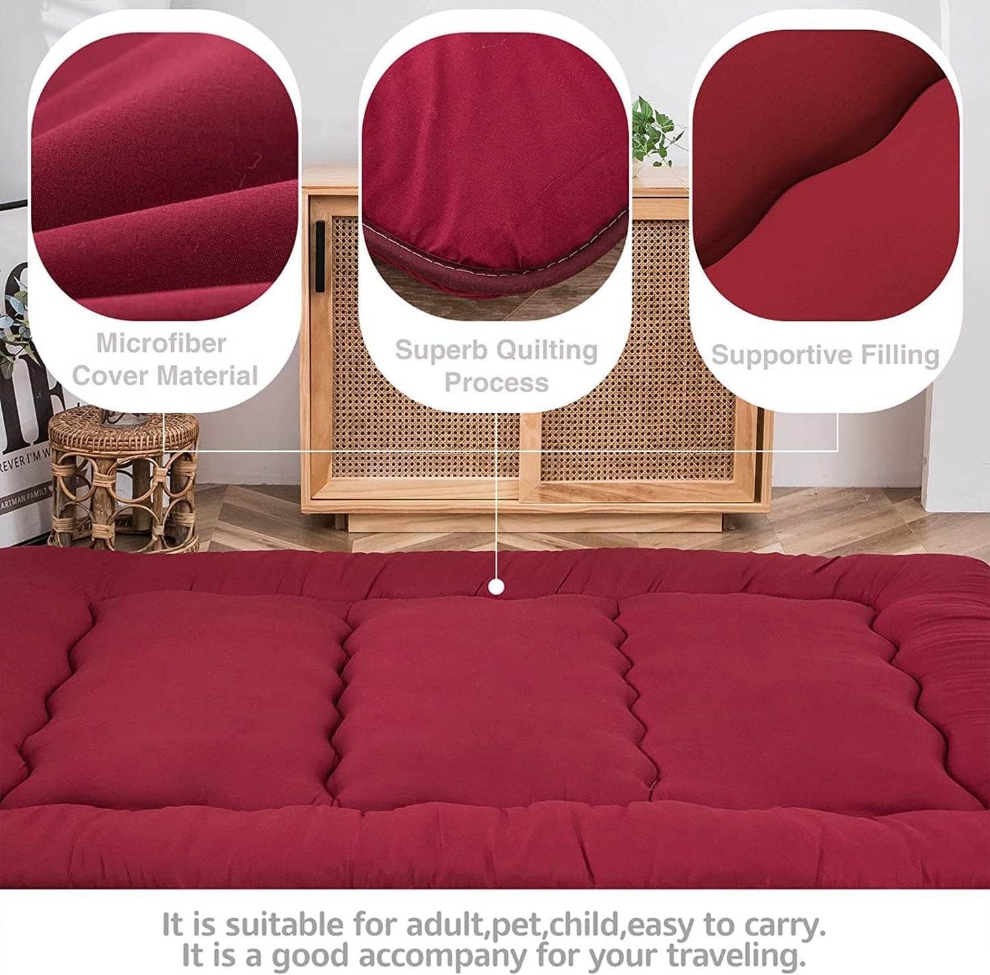 MAXYOYO Japanese Floor Futon Mattress - Thicken Sleeping Pad, Foldable Roll Up Mattress Topper, Guest Floor Bed, Burgundy, Queen