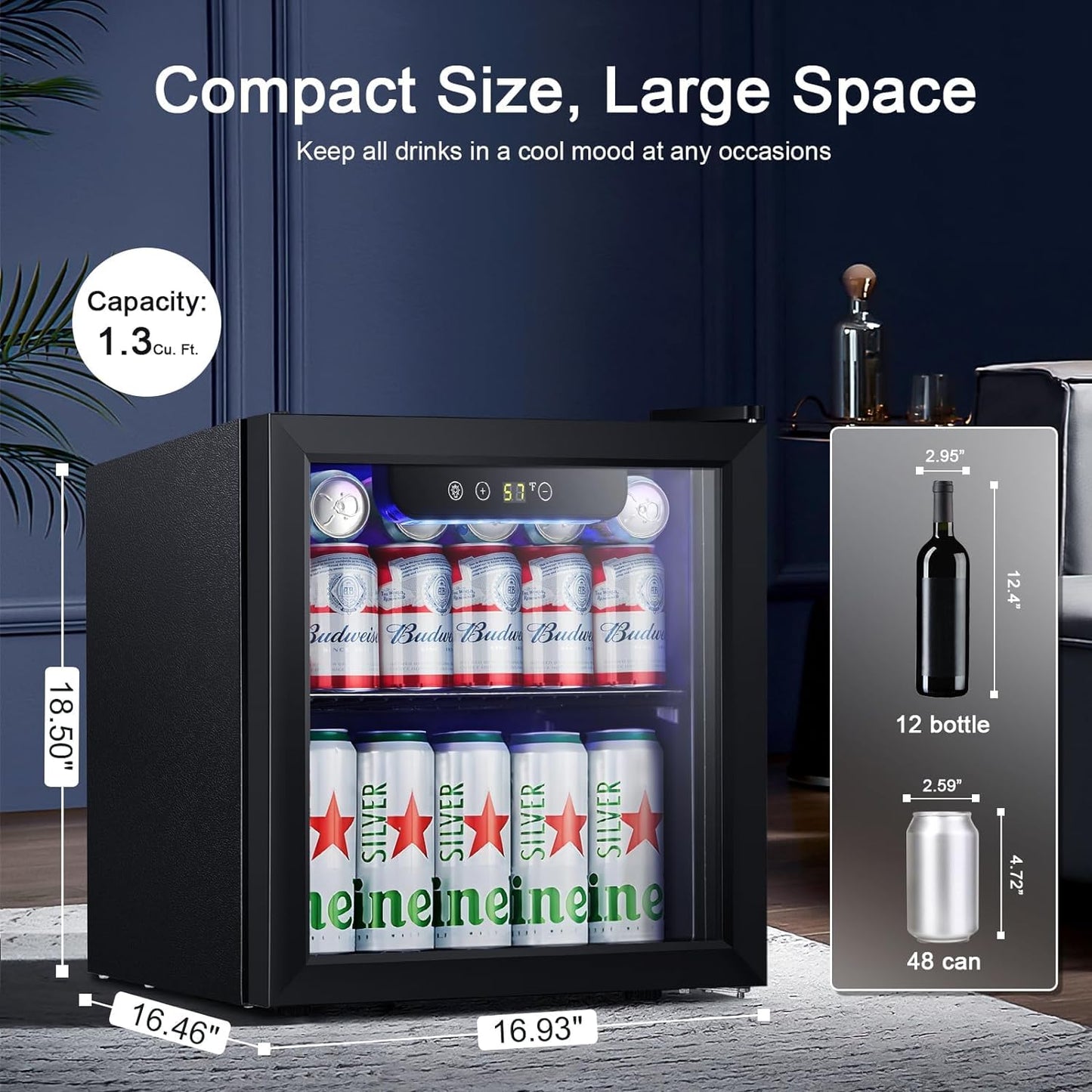 Antarctic Star Mini Fridge Cooler - 12 Bottle 48 Can Beverage Refrigerator Glass Door for Drinks or Beer Wine –Small Drink Dispenser for Home, Office or Bar, Electronic Temperature Control，1.3cu.ft.