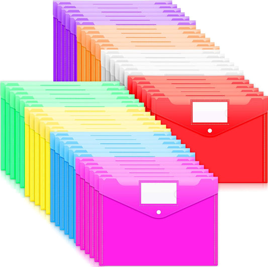 Sooez 48 Pack Folders Plastic Envelopes, Clear Plastic File Folder for Document, Letter A4 Size Poly File Envelopes with Label Pocket, Snap Button for Home Work Office Organizer, 8 Assorted Colors