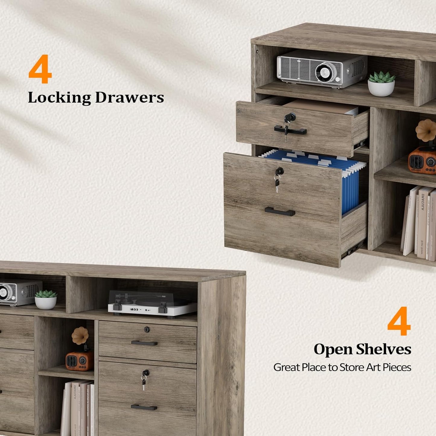 VINGLI Wide 4 Drawer File Cabinet with Lock, Rustic Grey Rolling File Cabinet with Open Shelves, Lockable Printer Stand, Letter Sized