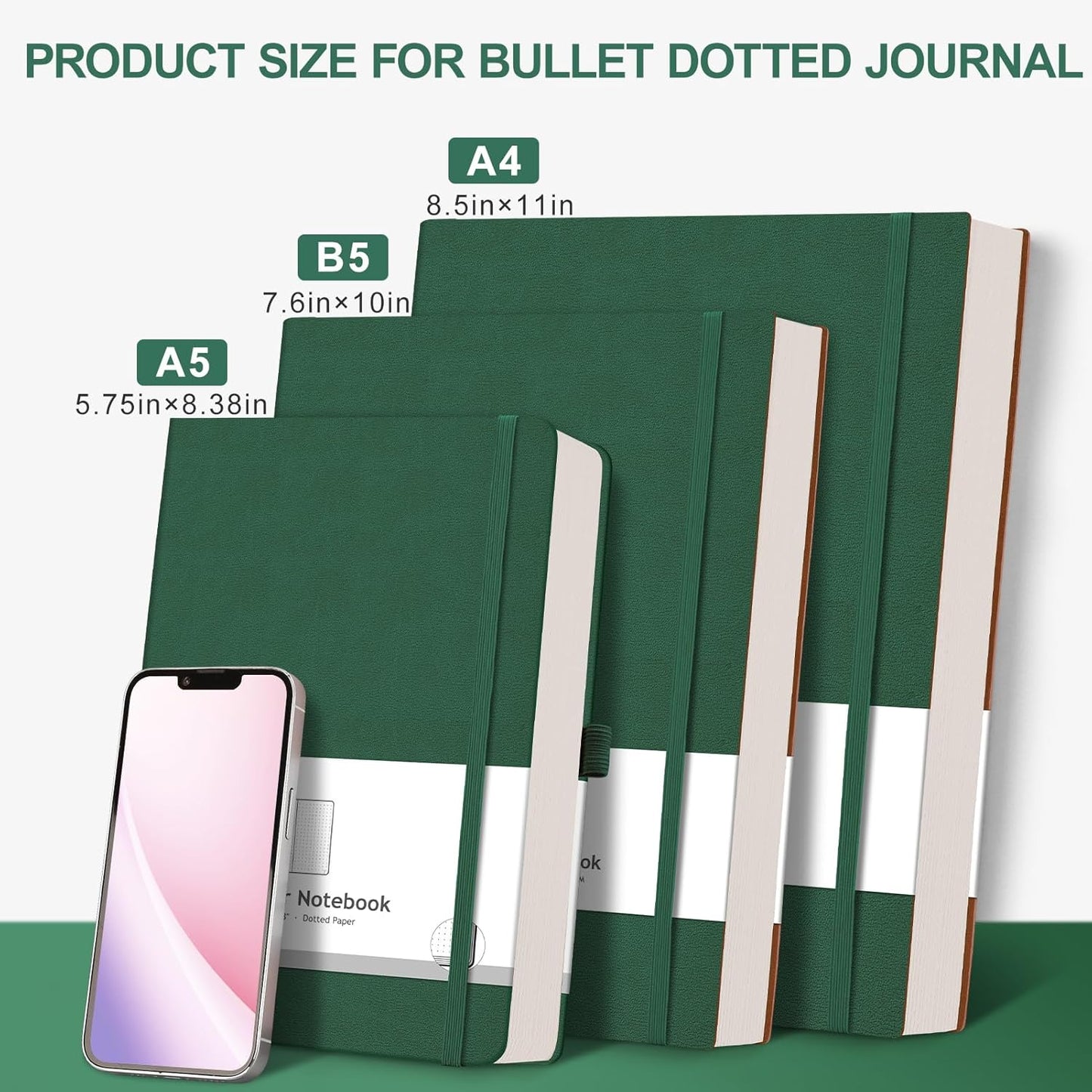 AHGXG Bullet Dotted Journal - 320 Pages Dot Grid Notebook B5 Large Journal, 100gsm Thick Dotted Paper, Leather Softcover, with Journal Stencils, Inner Pocket, 7.6'' X 10'' - Green