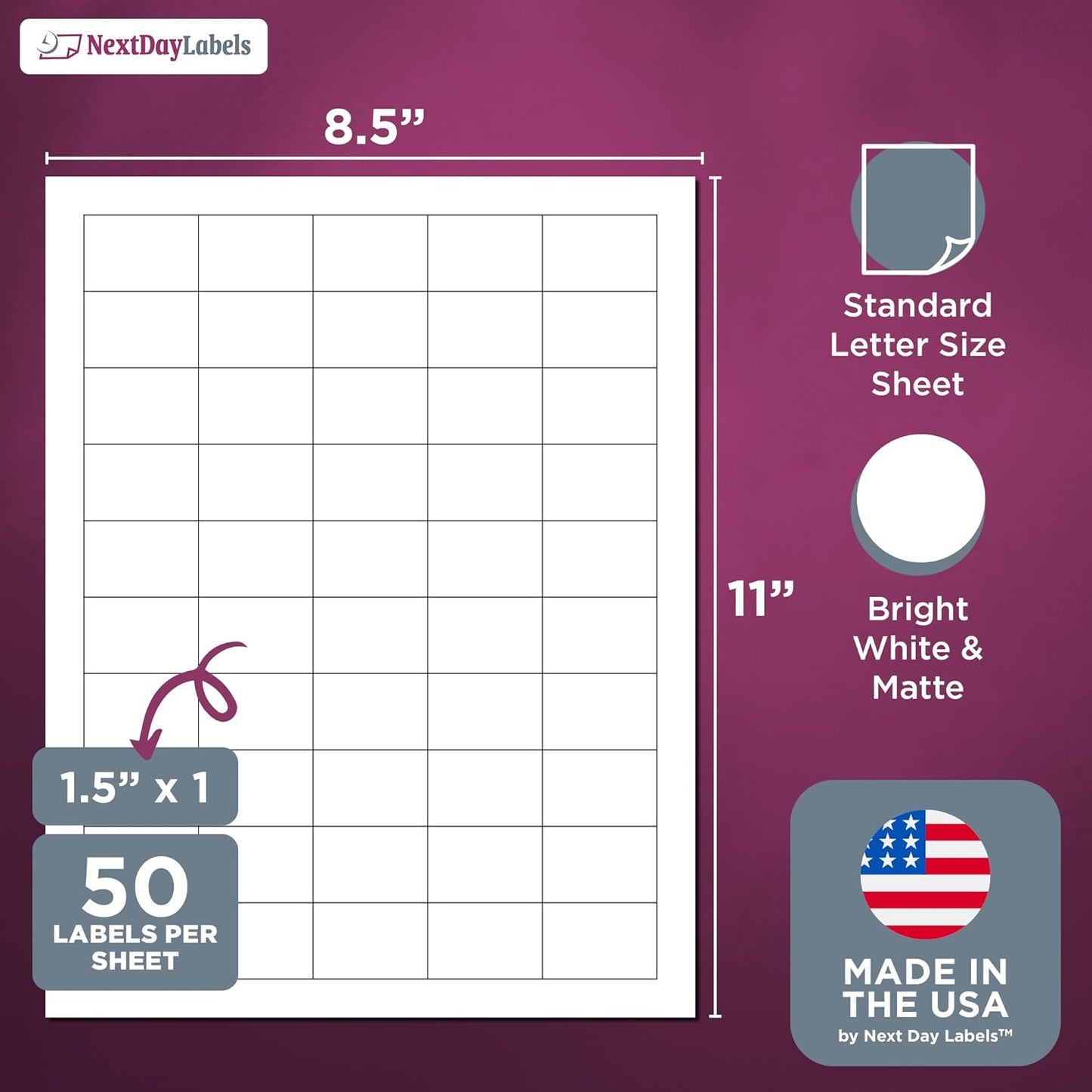 NextDayLabels – 1.5" x 1" Rectangular Sticker Labels for Printer - White Laser/Inkjet Printer Labels Return Address Labels Shipping Label Stickers (1000 Sheets, 50 Per Sheet, 50000 Labels)