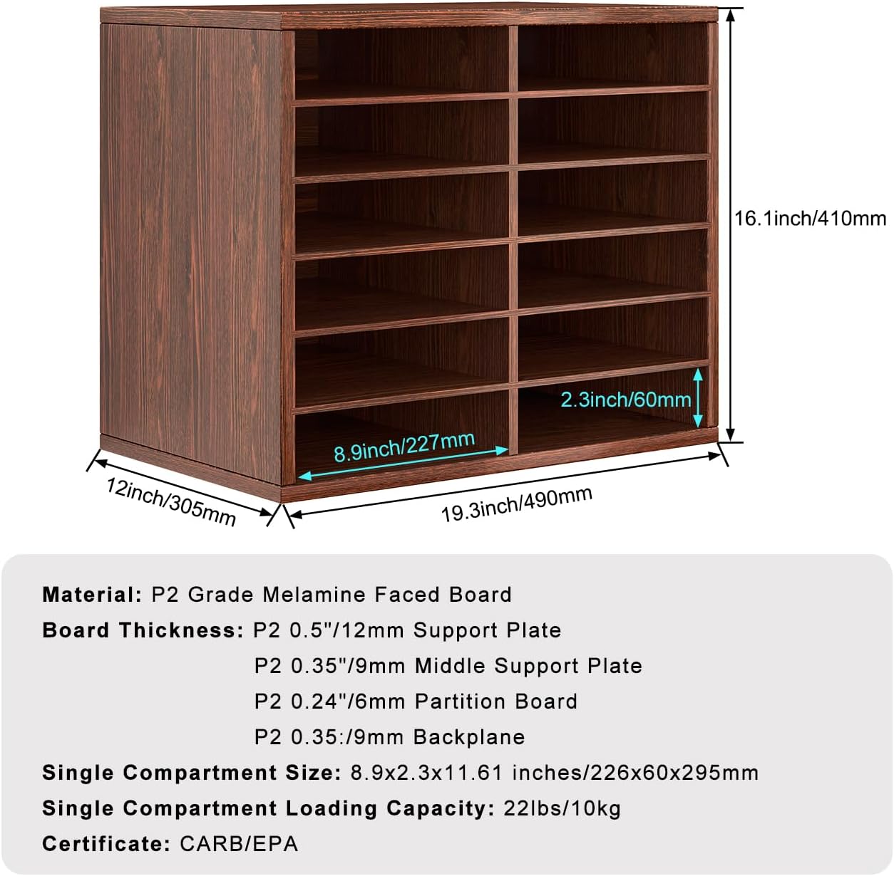 PAG Countertop Mail Sorter Organizer, Wooden Literature Organizer, Student Mailbox for Classroom, Desktop Bill Organizer for Office Home School, 12 Compartments, Brown