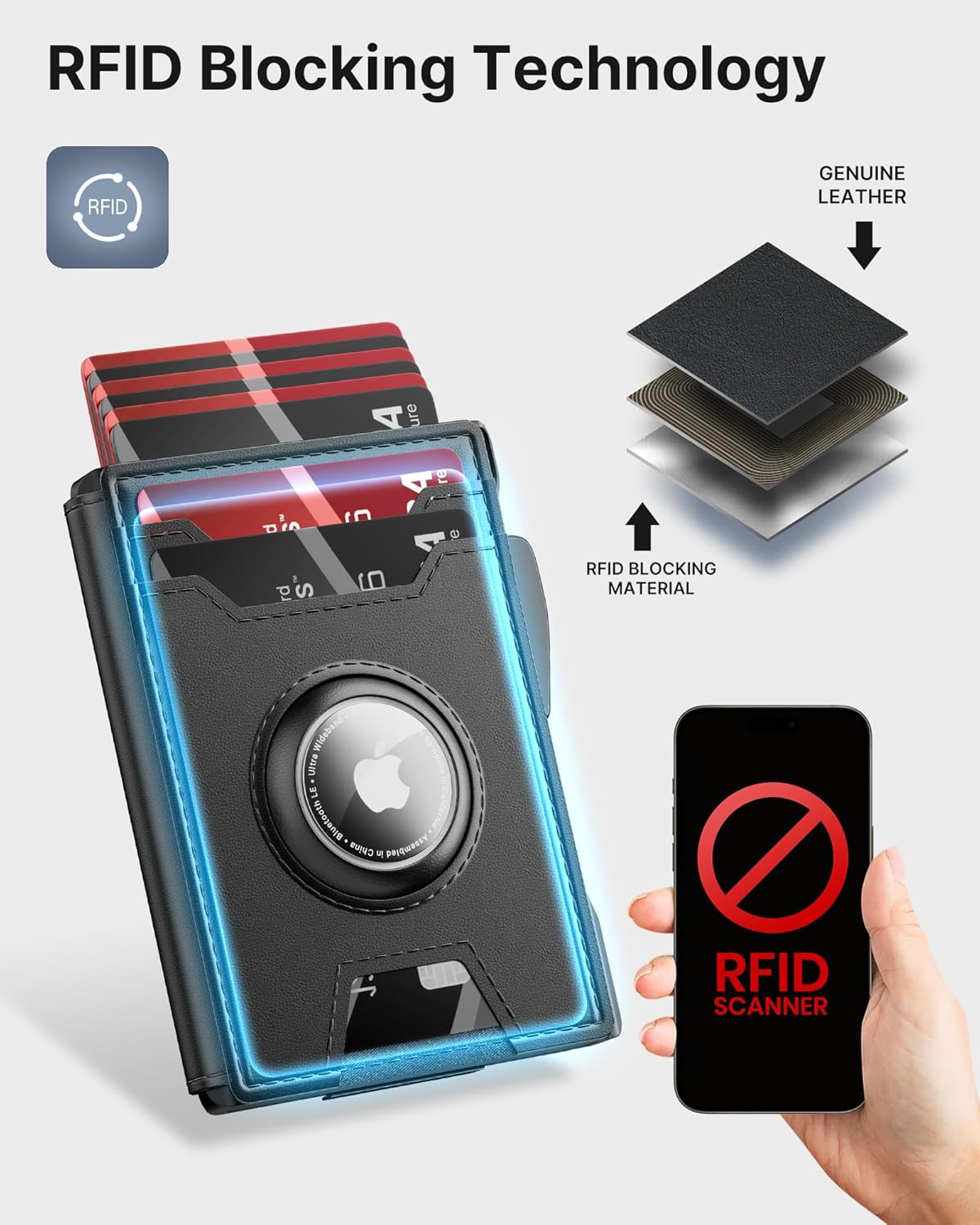 typecase AirTag Wallet for Men: Pop Up Card Case, Secure Holder for Apple Air Tag, Premium Leather, Smart, RFID Blocking, Slim, Minimalist, Thin, 13 Cards Capacitiy | ID Window | Money Clip (Black)