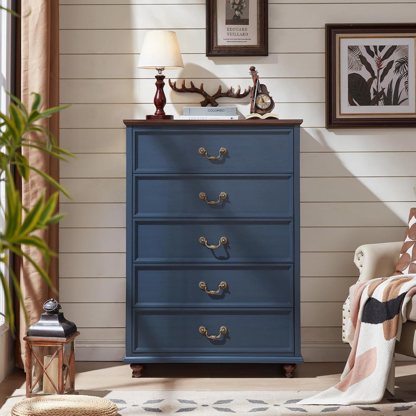 Farmhouse 5 Drawer Dresser Set of 2 for Bedroom, 45" Tall Rustic Chests of Drawers w/ 4 Solid Wood Feet, Mid Century Vintage Wooden Closet Storage Dressers Organizer for Living Room, Navy Blue