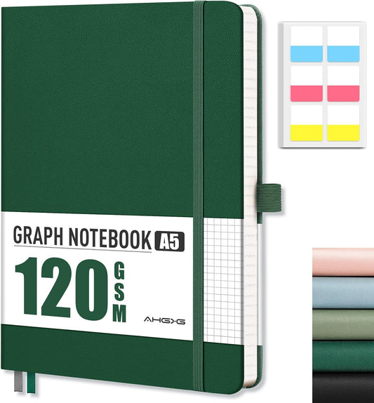 AHGXG Graph Paper Notebook - Grid Notebook Journal A5, 120 GSM Thick Graph Paper, 160 Pages, Leather Hardcover, for Graphing, Writing, Math, Engineering, 5.75'' × 8.38''- Green