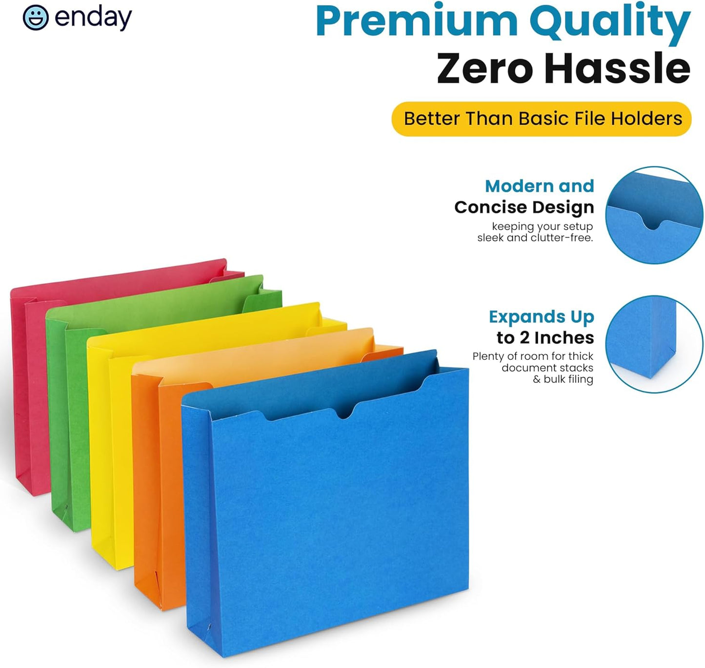 Enday 2 Inch File Jackets (25 Pack)- Assorted Colors Expandable File Folders - Straight Cut Tab - Letter Size Jacket Folders for Home & Office, Pocket File Folders in Red, Yellow, Blue, Green & Orange