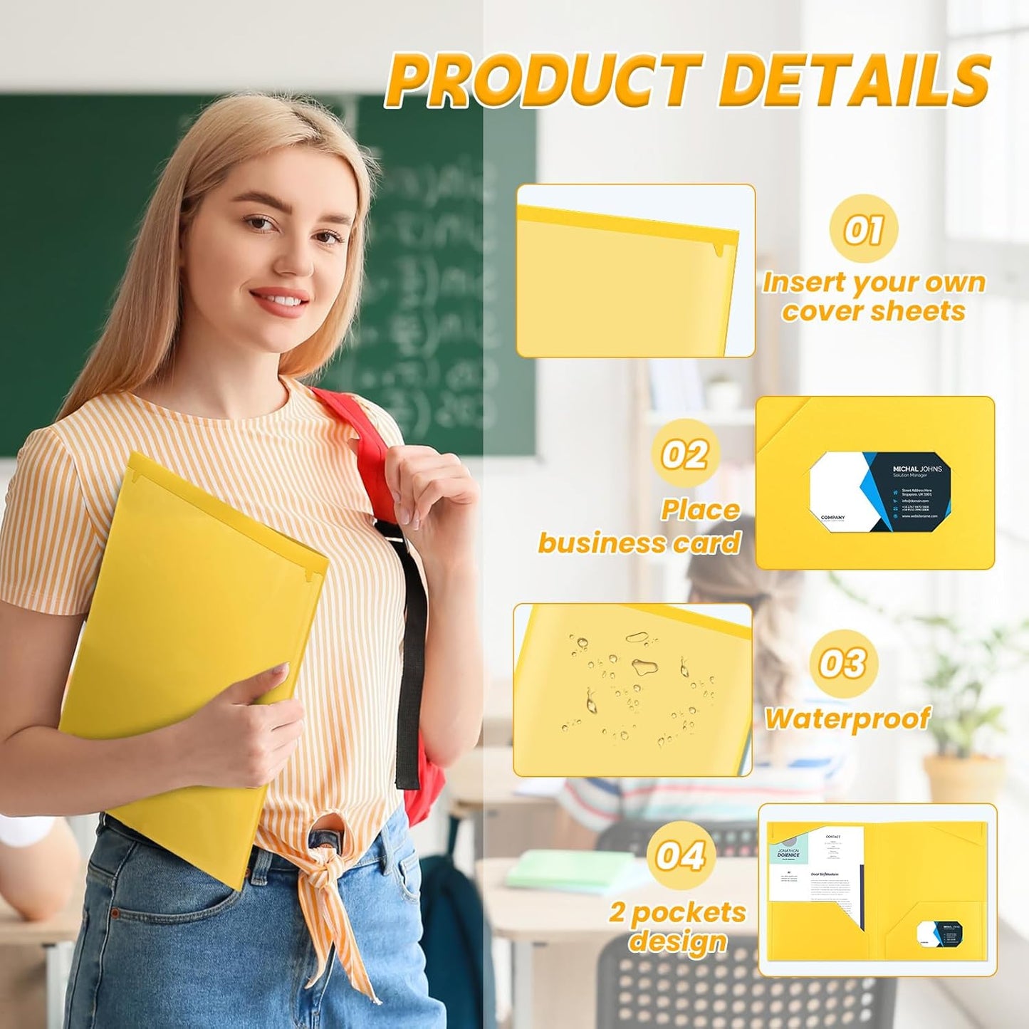 Henoyso 100 Pcs Plastic Folders with Clear Front Pockets Bulk Heavy Duty File Folders with 2 Pockets and Card Slot for Student Teacher Back to School Supplies Office Presentation (Yellow)