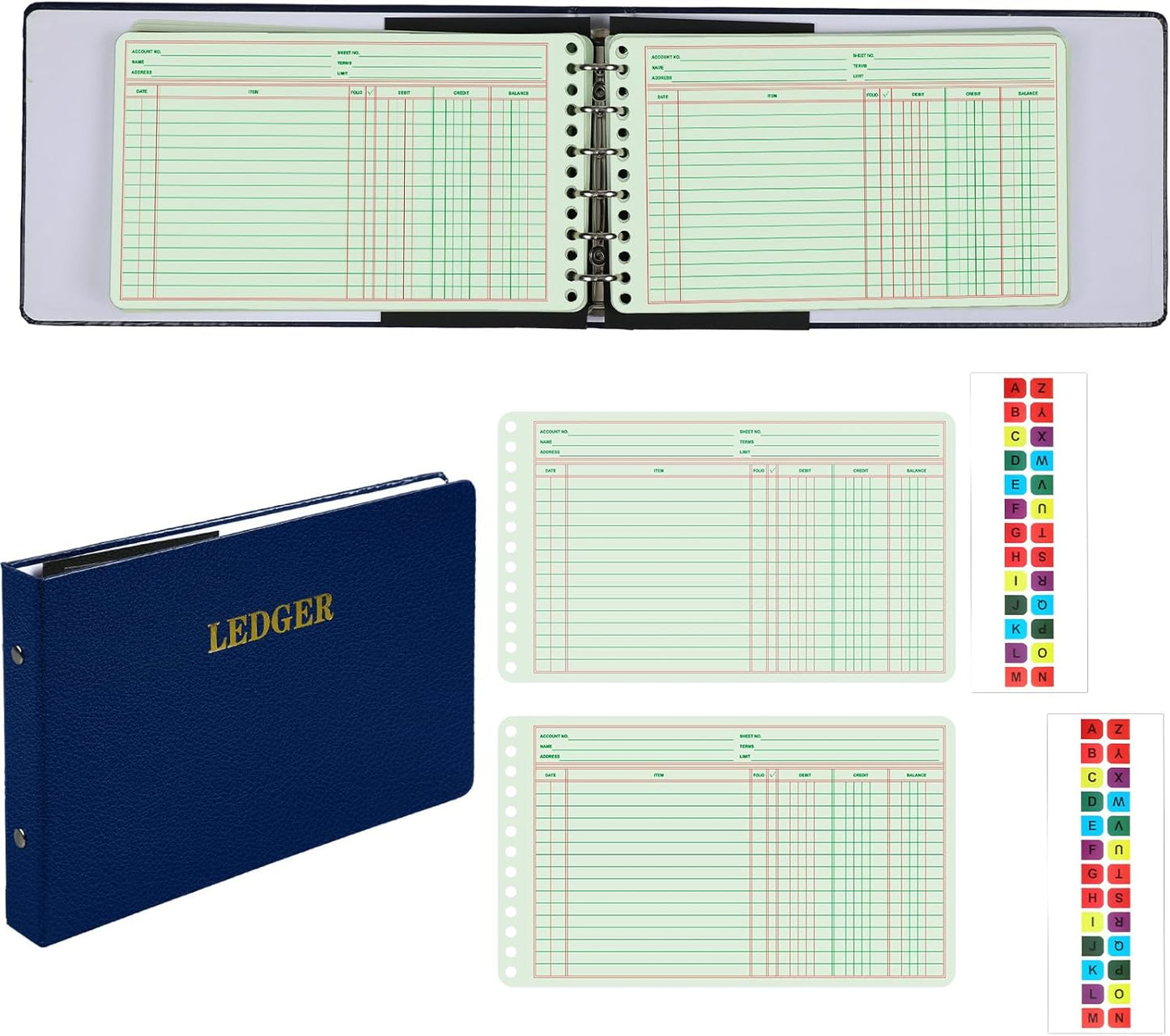 Ring Ledger Binder with 200 Pcs 5"x8.5" Ledger Sheets Small Index Tabs for Bookkeeping Accounting Business with Debit Credit Balance Columns(Blue Cover, Yellow Sheets)