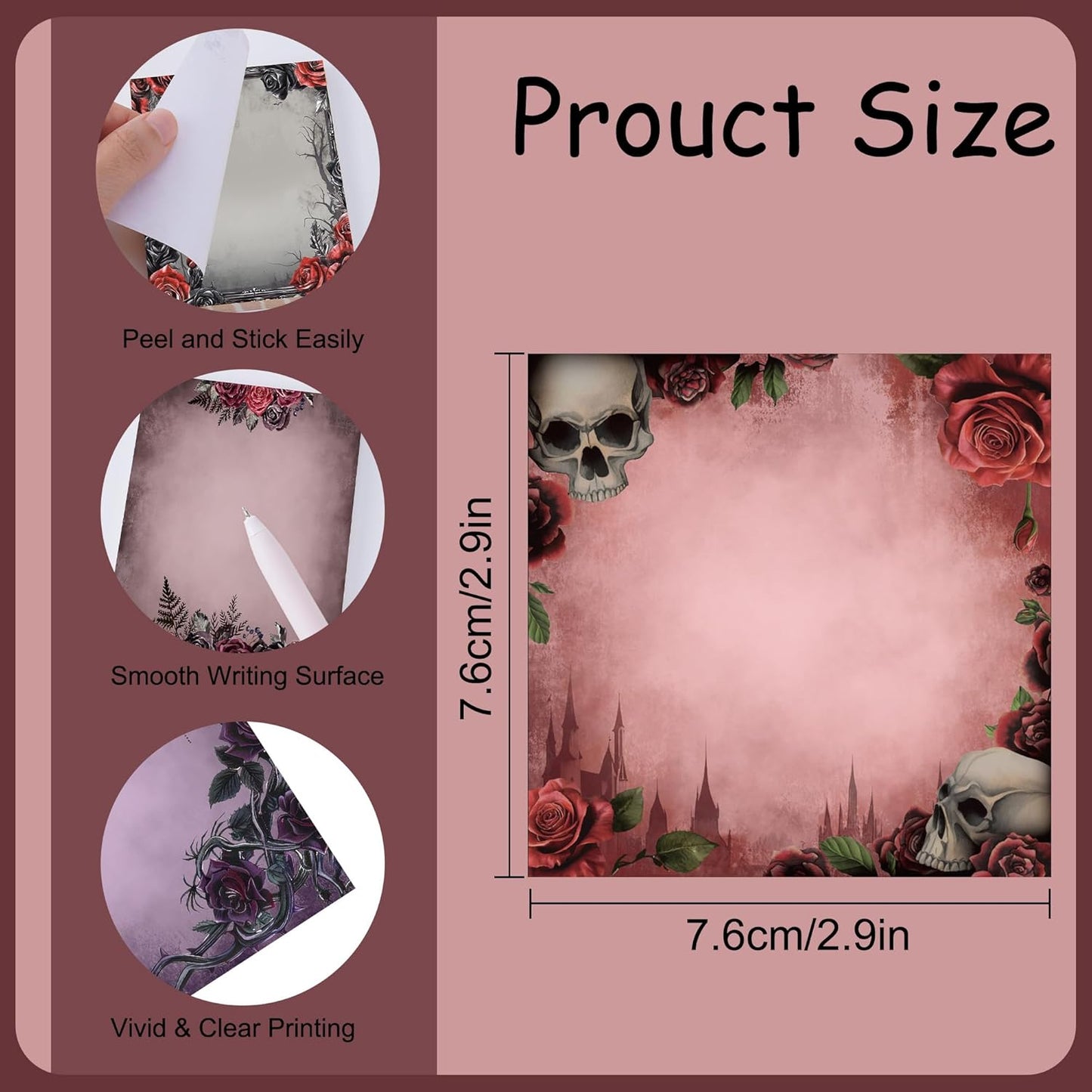 9 Pack Dark Romance Sticky Notes Set, 450 Sheets Gothic Halloween Self-Stick Notepads with Skull Rose Designs, Aesthetic Witchy Stationery Gifts for Women Teens