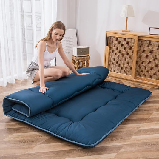 MAXYOYO Japanese Floor Mattress Futon Mattress, Thicken Sleeping Pad Foldable Roll Up Floor Futon for Adults Tatami Mat Dormitory Bed Lounger, Bluestone, Twin Size