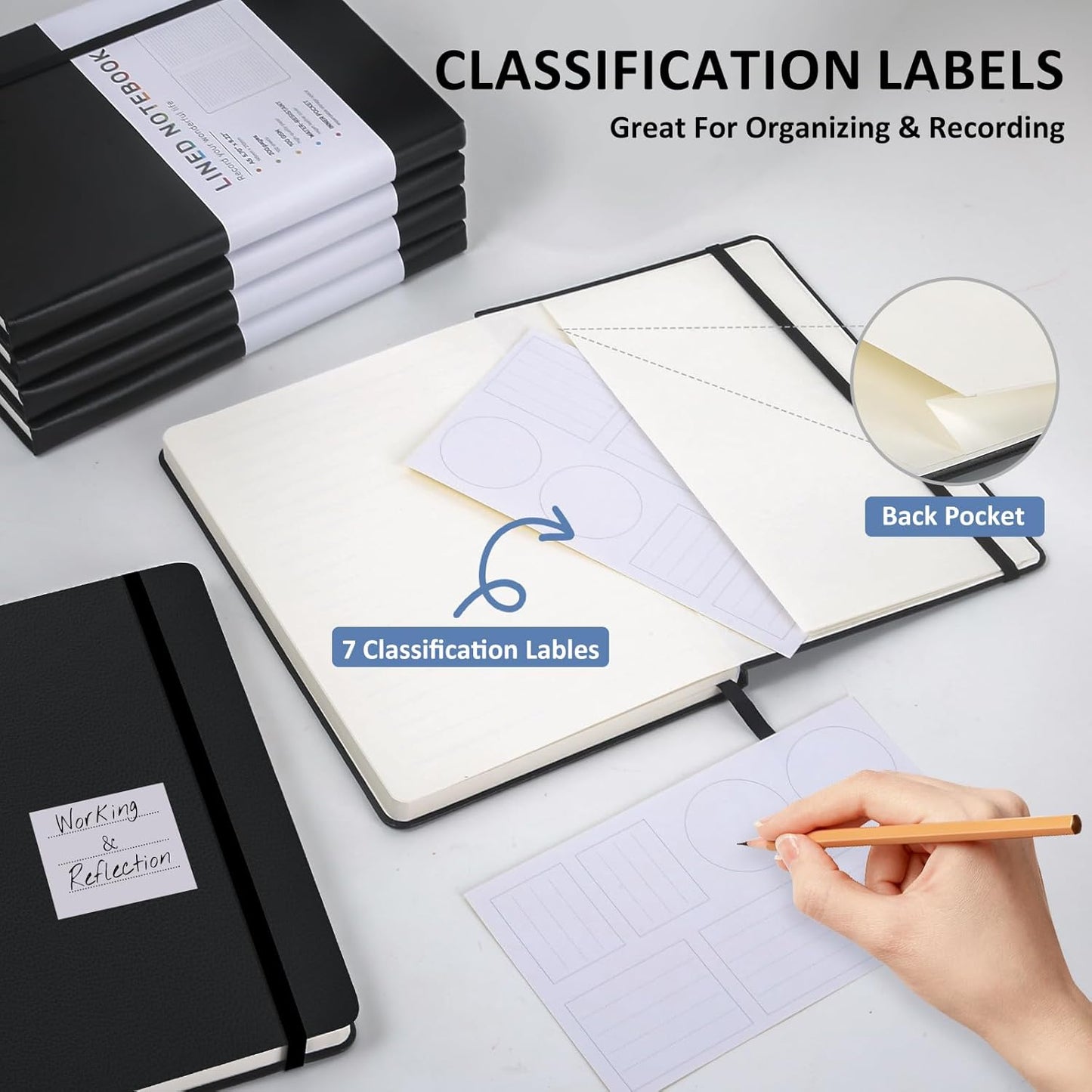 Lined Journal Notebook for Women Men, 200 Pages A5 Hardcover Leather Journals 5.7” x 8.3”, A5 College Ruled Notebooks with 100 GSM Thick Paper for Writing,Travel,School,Office,Work,Business(Black)