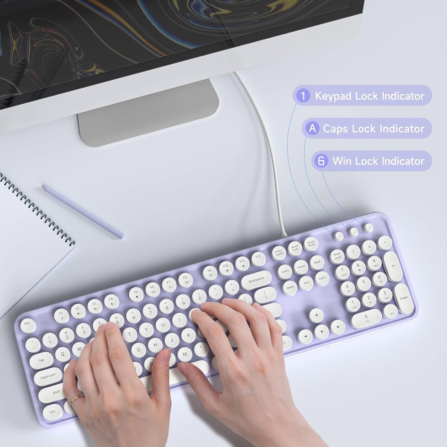 Computer Keyboard Wired, Plug Play USB Keyboard with Large Number Pad, Caps Indicators, Foldable Stands, Full Size Keyboard for Windows PC Laptop (Purple-White)