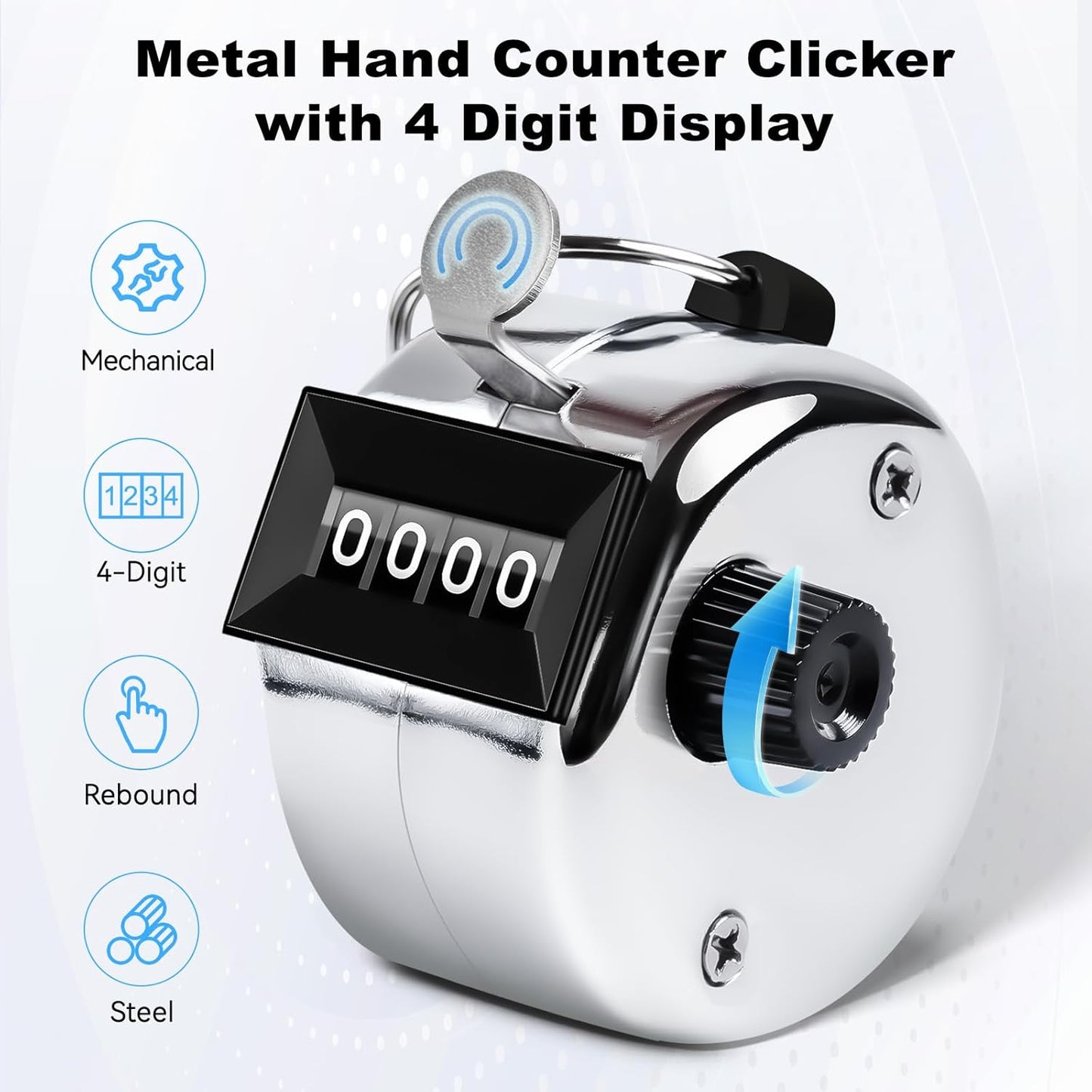 Clicker Counter, Metal Hand Tally Counter Clicker with 4 Digit Display, Pitch Counter for Golf Stroke, Baseball, Coaching, Knitting, Lap, Row Sport, Silver
