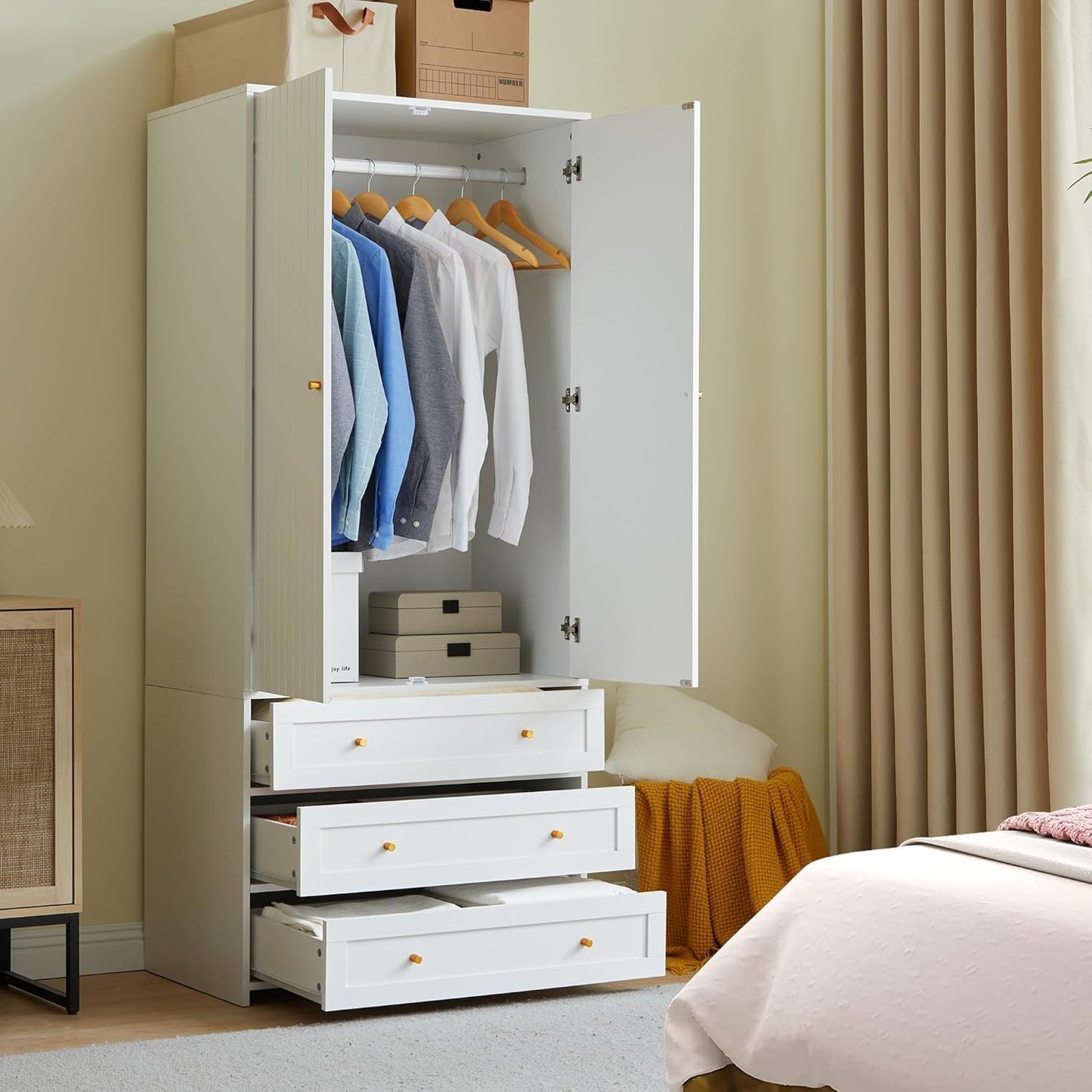 Wardrobe Armoire Wooden Closet with 2 Doors,71" Closet Armoire Set of 2,3 Drawers Household Freestanding Wooden Storage Cabinet for Bedroom (White)