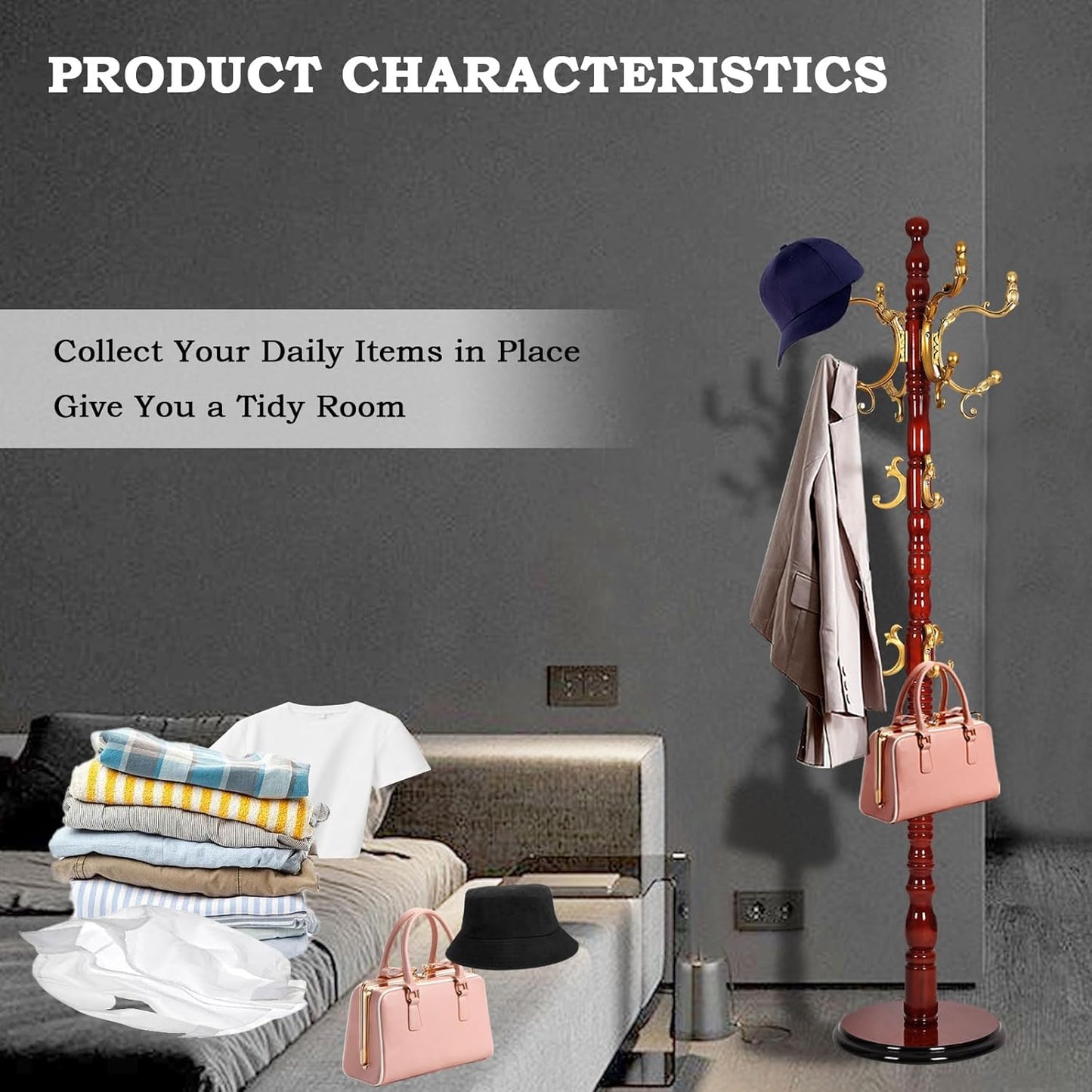 Coat Racks Free Standing with 14 Hooks, Natural Wood Coat Rack with Solid Round Base, Adjustable Height Coat Racks, Easy Assembly for Hallway, Bedroom and Office (Begonia color)