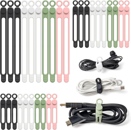 OneLeaf 30Pcs Cord Organizer, Silicone Cable Ties Reusable, Cord Ties for Electronics, Multipurpose Elastic Wire Ties, Travel Essentials for Cable Organizer, Wire Organizers for Fastening Cords