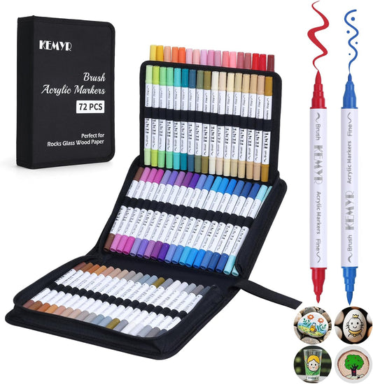 72 Colors Brush & Fine Tip Acrylic Paint Pens, Dual Tip Acrylic Paint Markers for Paper, Wood, Canvas, Stone, Rock, Glass, Fabric, DIY, Ceramic, Art Supplies for Kids and Adults Drawing