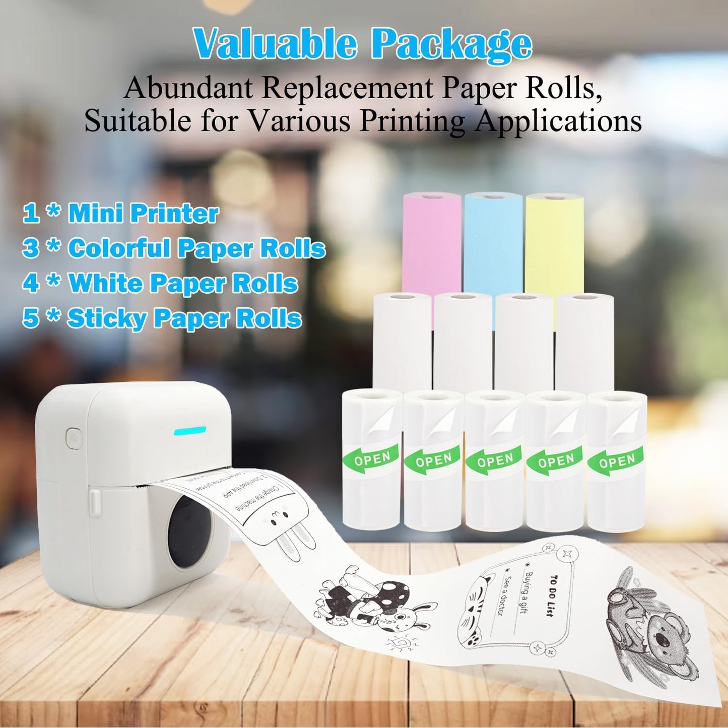 Mini Portable Printer, Inkless Sticker Printer with 12 Rolls Paper, Thermal for Notes/Photos/Stickers/Labels/Receipts, Compatible with iPhone, Android Phone & Tablet, White