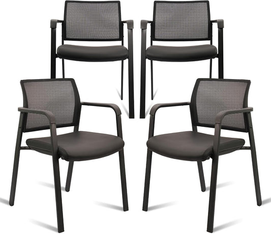 CLATINA Stackable Office Chair, Mesh Back Guest Chairs with Comfortable Leather Seat Arms Stacking Ergonomic Desk Chair No Wheels for Conference Waiting Reception School Stationary, Black, Set of 4