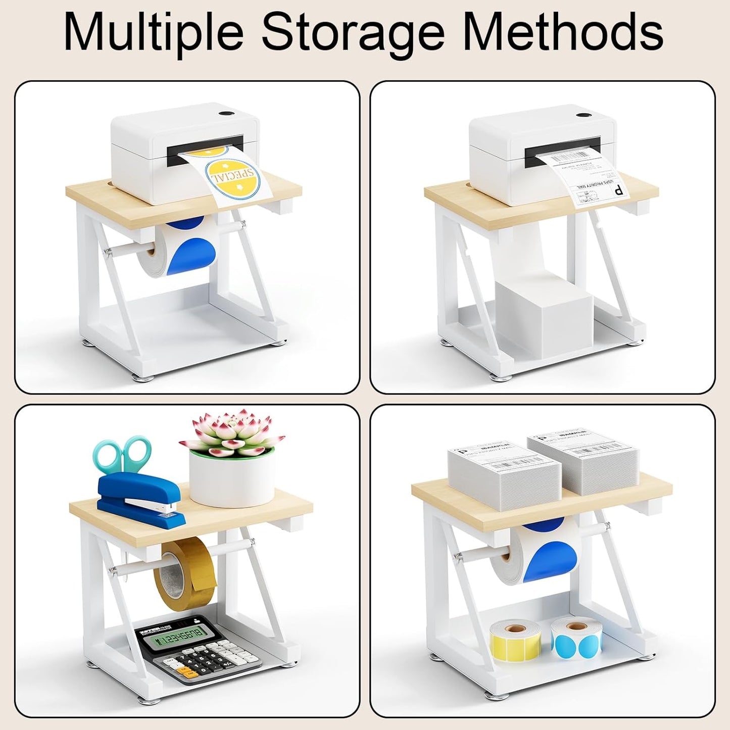 Label Holder for Rolls and Fan-fold Labels, Wooden Thermal Label Holder for Thermal Printer, Stand Desktop Printer Accessory Supplies for Home, Office, Small Business (White)
