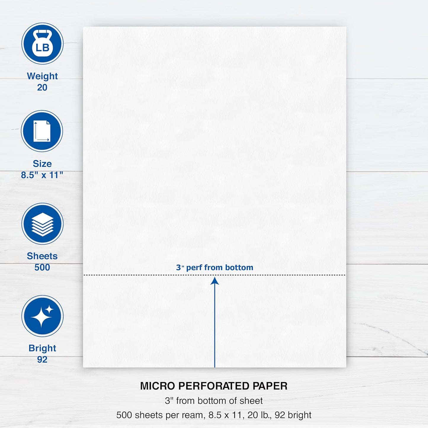 PrintWorks Professional 3" Horizontal Perforated Paper 8.5” x 11” - Perfect For W-2, 1099, & Statement Use - Made in the USA - 500 Sheets - 20 lb - Printer Compatible - White (04167)