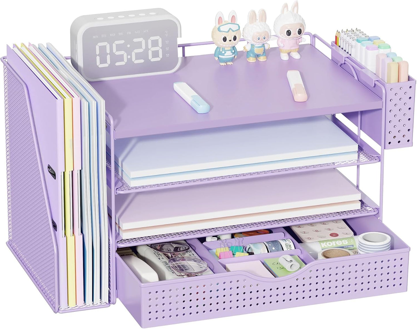 Wood Desk Organizers and Accessories with File Holder, 4-Tier Desk Accessories & Workspace Organizers with Drawer and Pen Holder, Paper Organizer for Office Supplies (Purple)