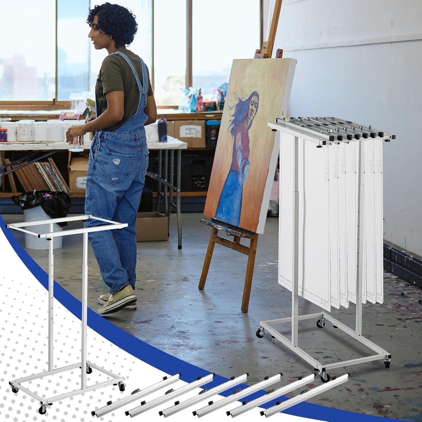 Mobile Blueprint Storage Rack Adjustable Holder with 6 Pcs Blueprint Clamps 4 Wheels Storage Organizer Stand for File Display Plan Office Home(24 Inch)