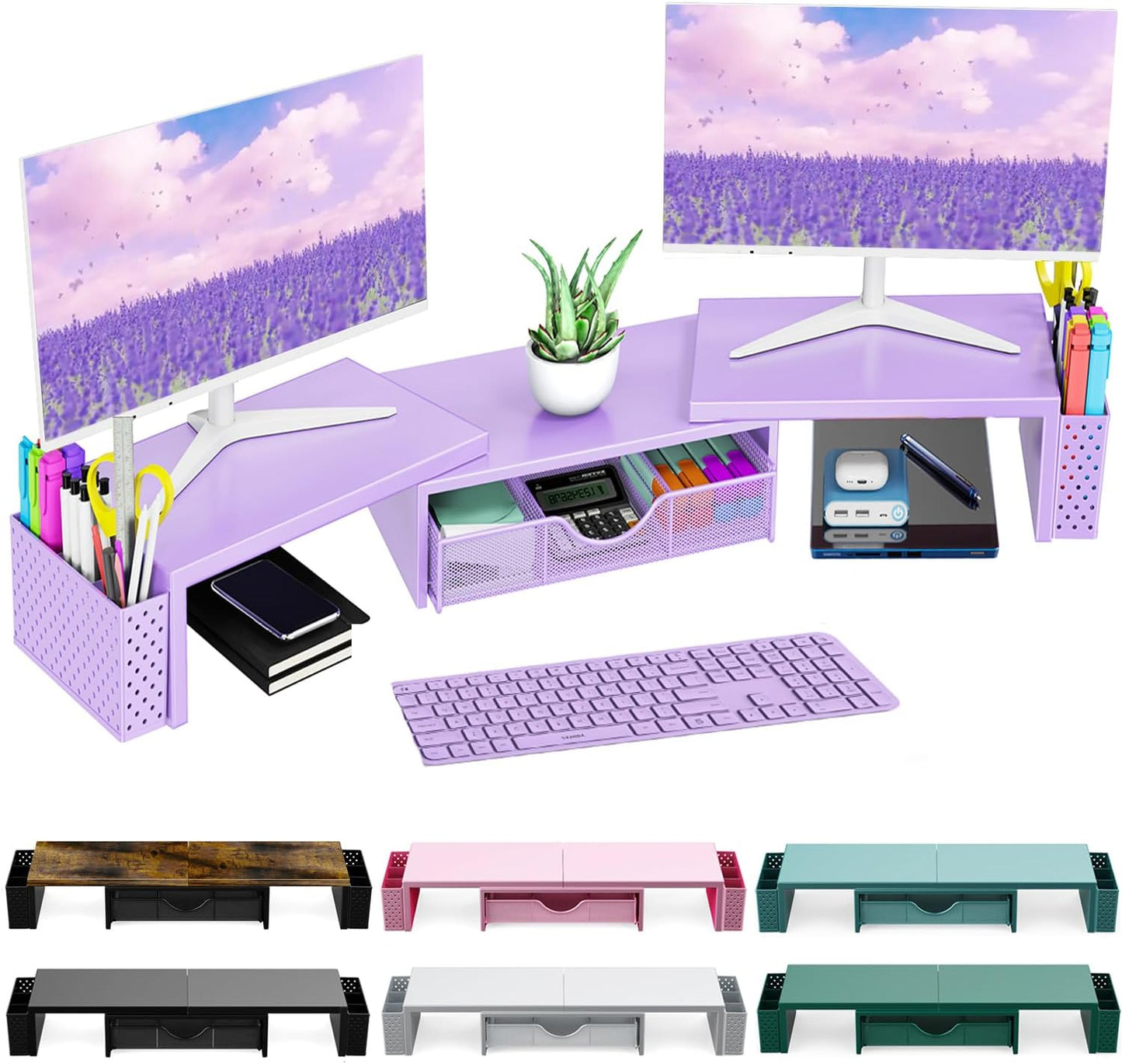 Spacrea Metal Desk Organizers and Accessories, Dual Monitor Stand Riser with Drawer and 2 Pen Holders, Desk Accessories & Workspace Desktop Organizers for Office Supplies (Purple)
