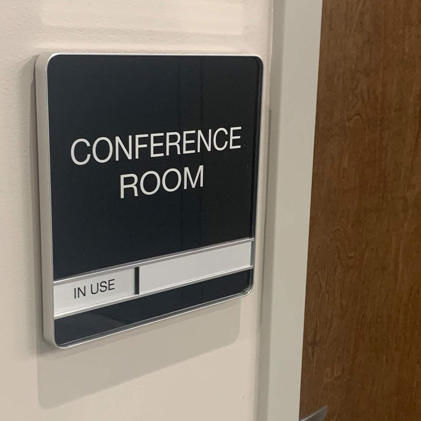 NapTags Conference Room Slider Signs (Black - Silver Frame, 8" x 8")