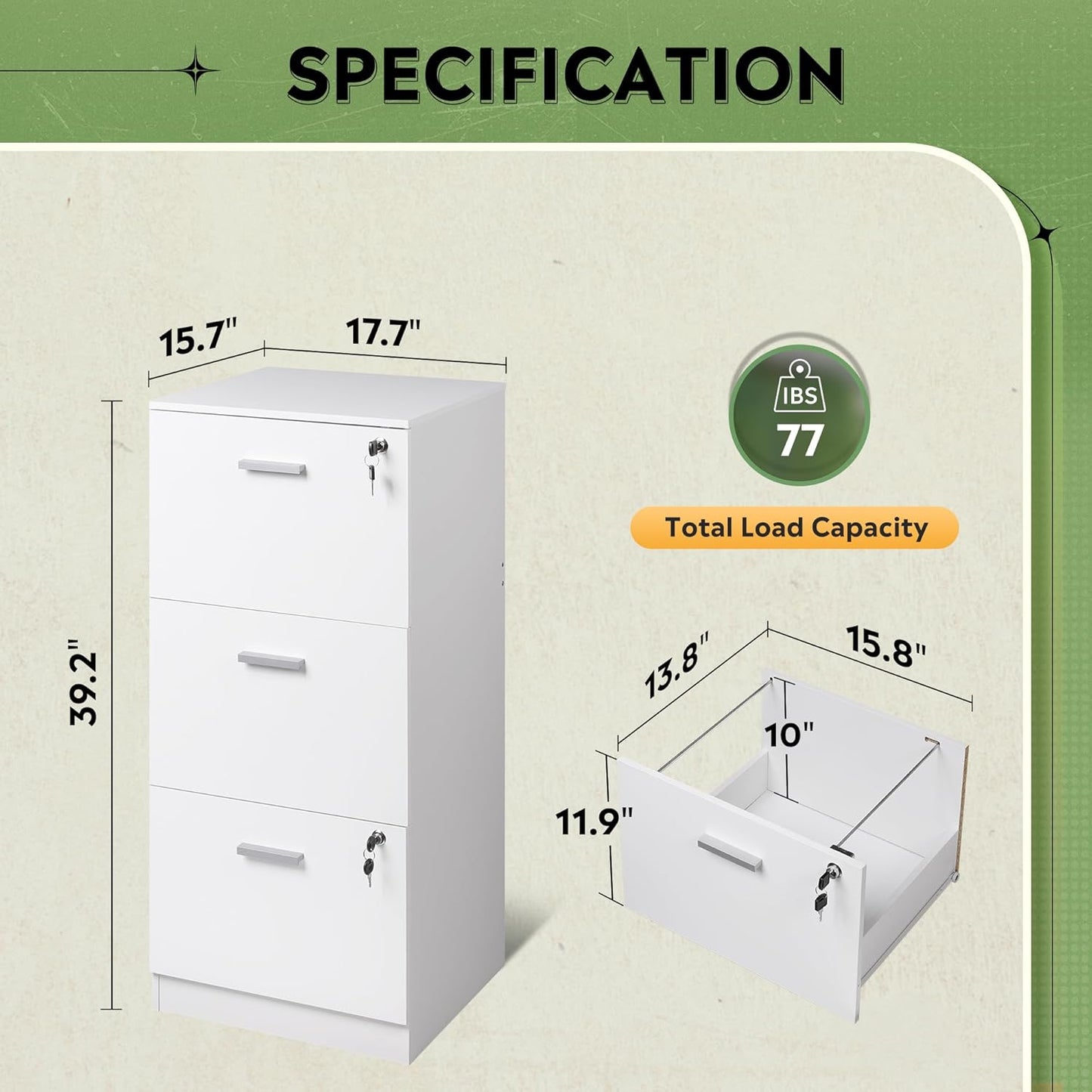 DEVAISE 3 Drawer File Cabinet with Lock, Vertical Wood Filing Cabinet for Home Office, Printer Stand for Letter and A4 Size, White